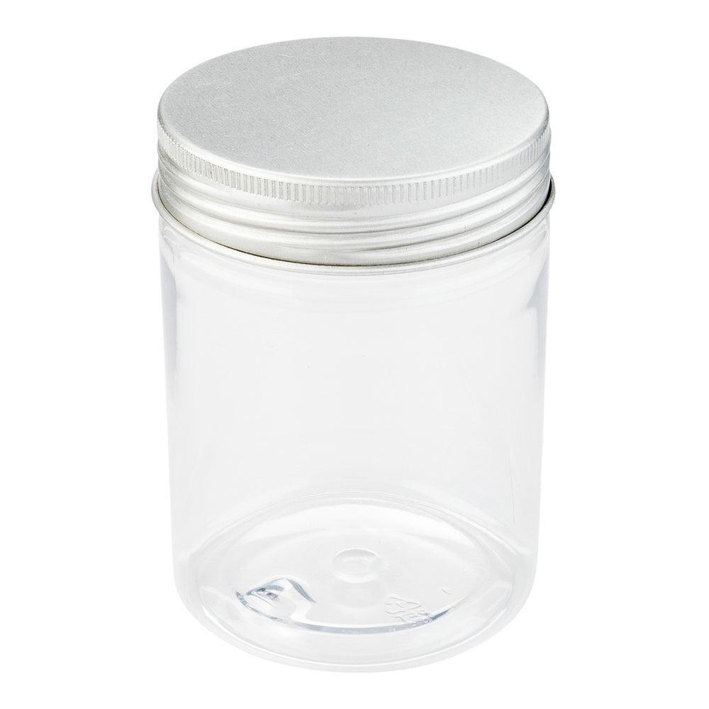 Mini Serve 9 oz Round Clear Plastic Candy and Snack Jar - with Aluminum Lid - 2 3/4" x 2 3/4" x 3 1/4" - 100 count box