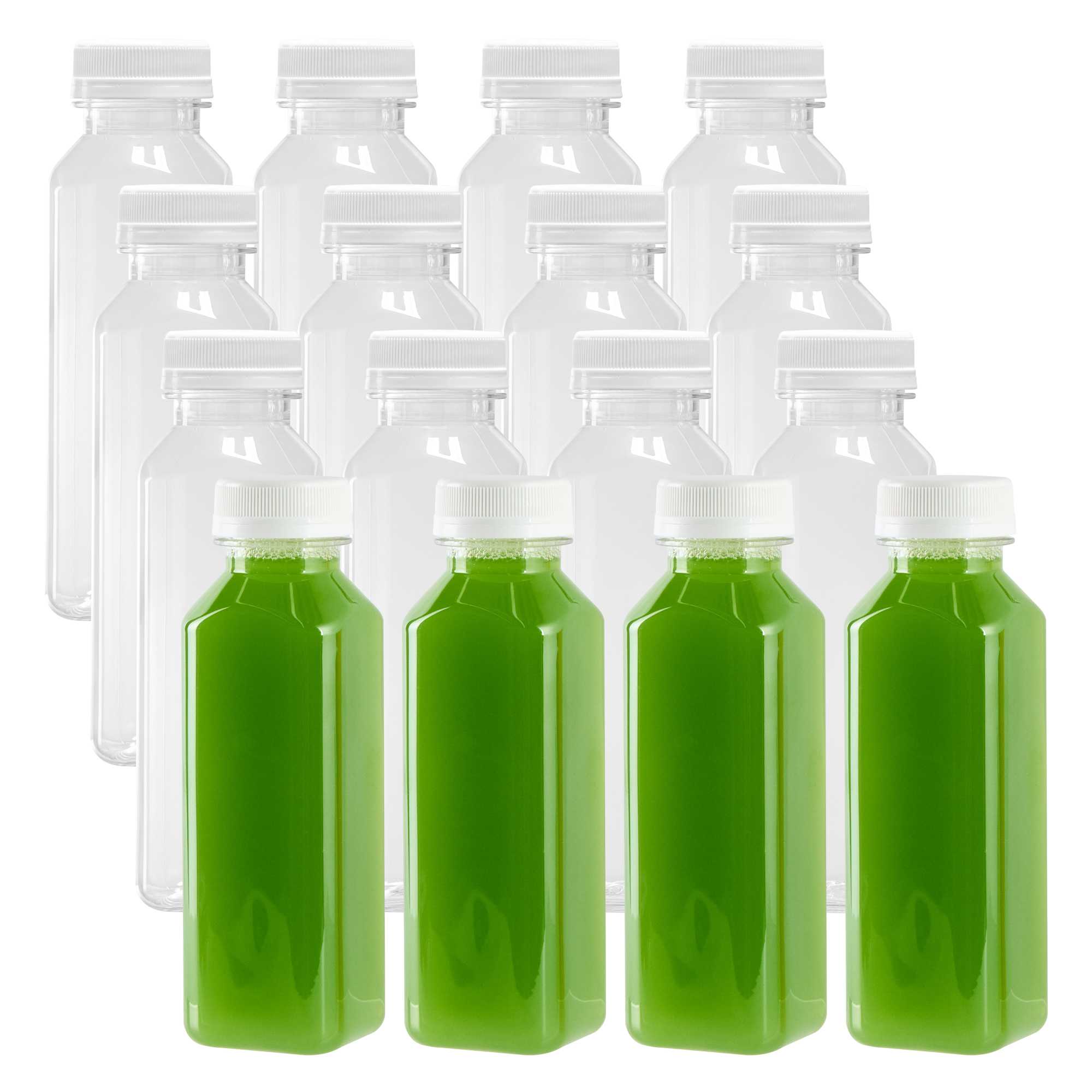 12 oz Square Clear Plastic Cold Pressed Juice Bottle - with Safety Cap - 2" x 2" x 6 1/2" - 300 count box