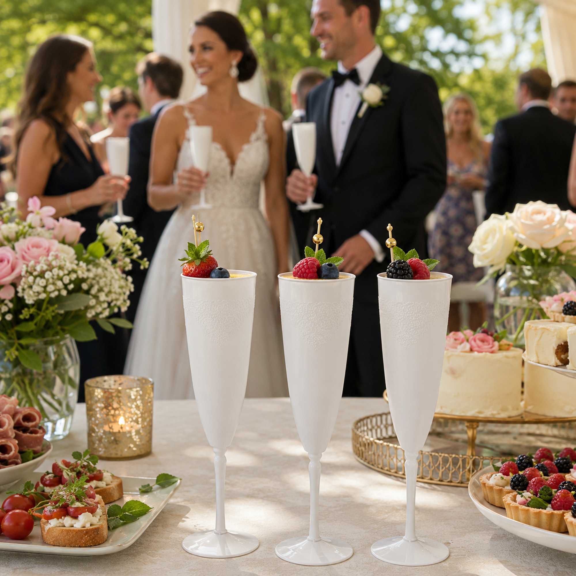 Bev Tek 4 oz White Plastic Wedding Champagne Flute - 1-Piece - 7 1/2" x 2 1/4" x 2 1/4" - 100 count box