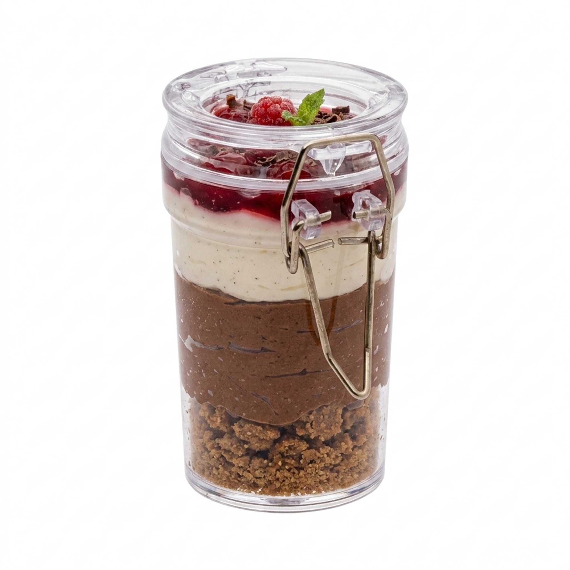 Mini Serve 3 oz Clear Plastic Nostalgic Mason Jar - with Clamp Lid - 2 3/4" x 1 3/4" x 3 1/4" - 100 count box