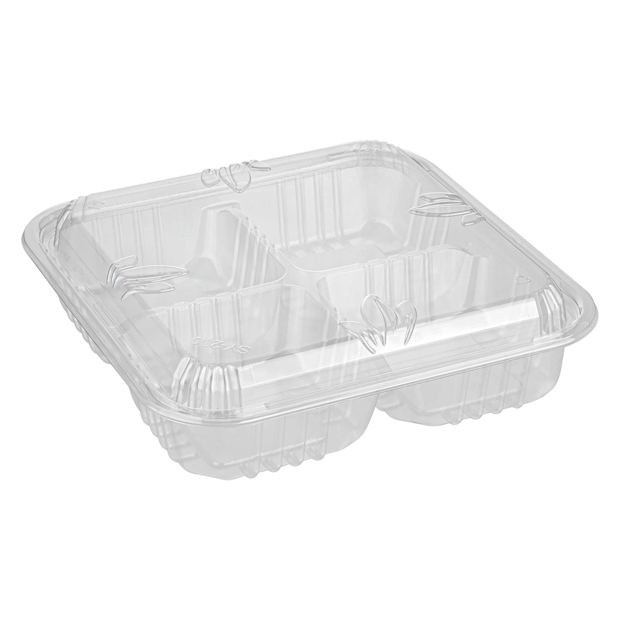 Thermo Tek Square Clear Plastic Serving Platter - with Lid, 4 Compartments - 8 1/4" x 8 1/4" x 2 1/4" - 200 count box