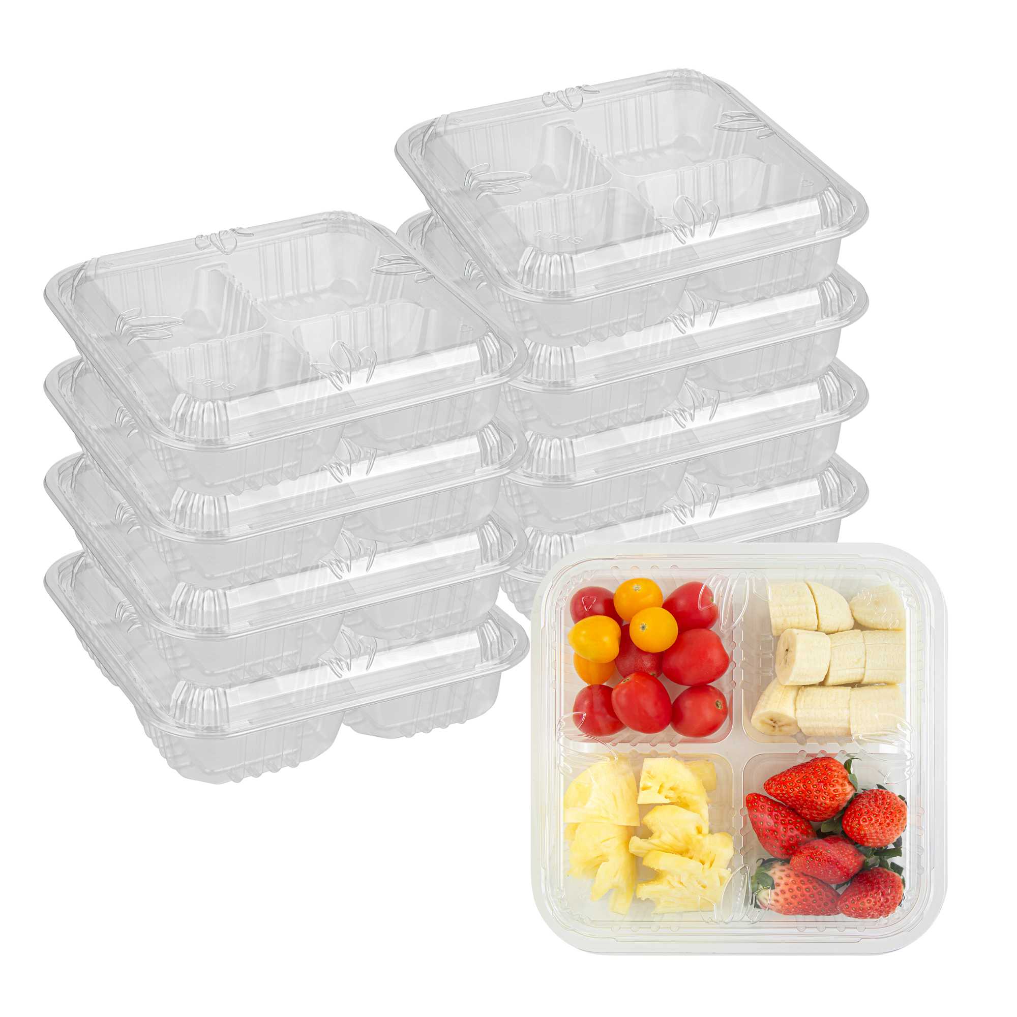 Thermo Tek Square Clear Plastic Serving Platter - with Lid, 4 Compartments - 8 1/4" x 8 1/4" x 2 1/4" - 200 count box