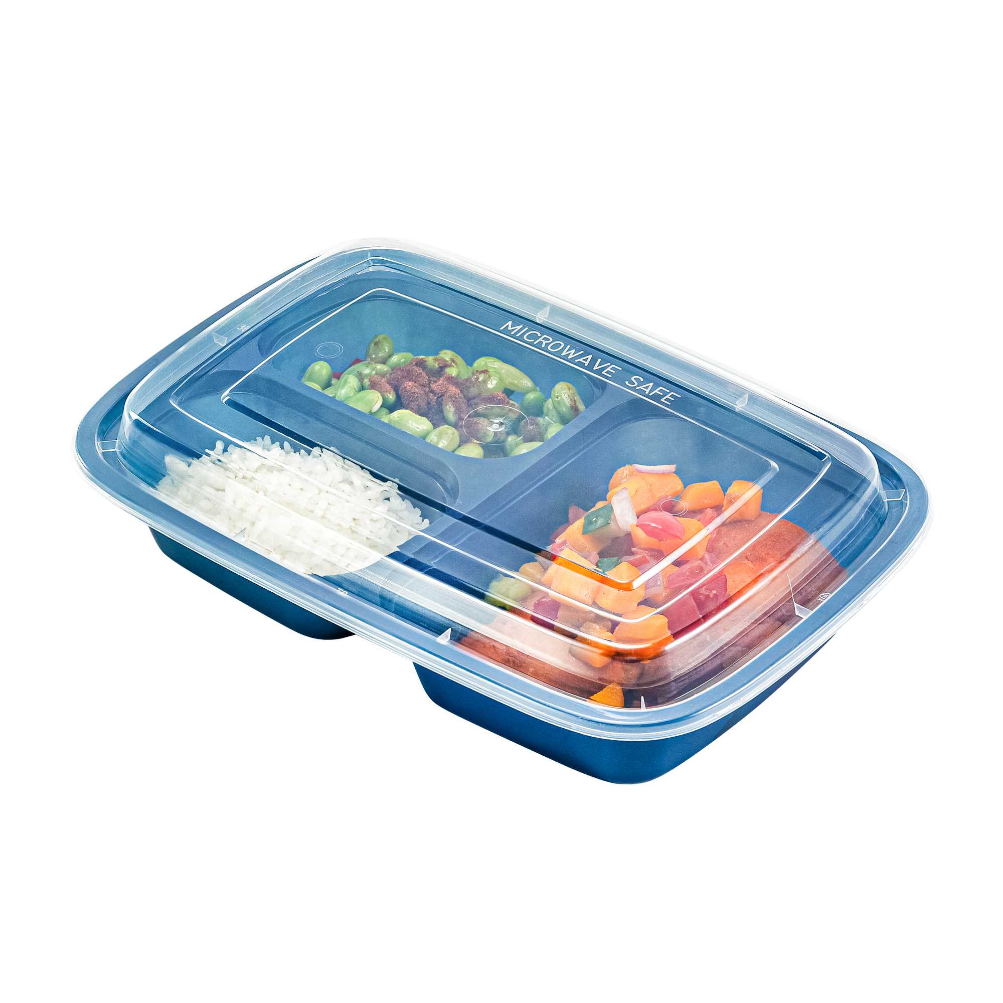 Asporto 26 oz Midnight Blue Plastic 3 Compartment Food Container - with Clear Lid, Microwavable - 8 3/4" x 6" x 1 3/4" - 50 count box