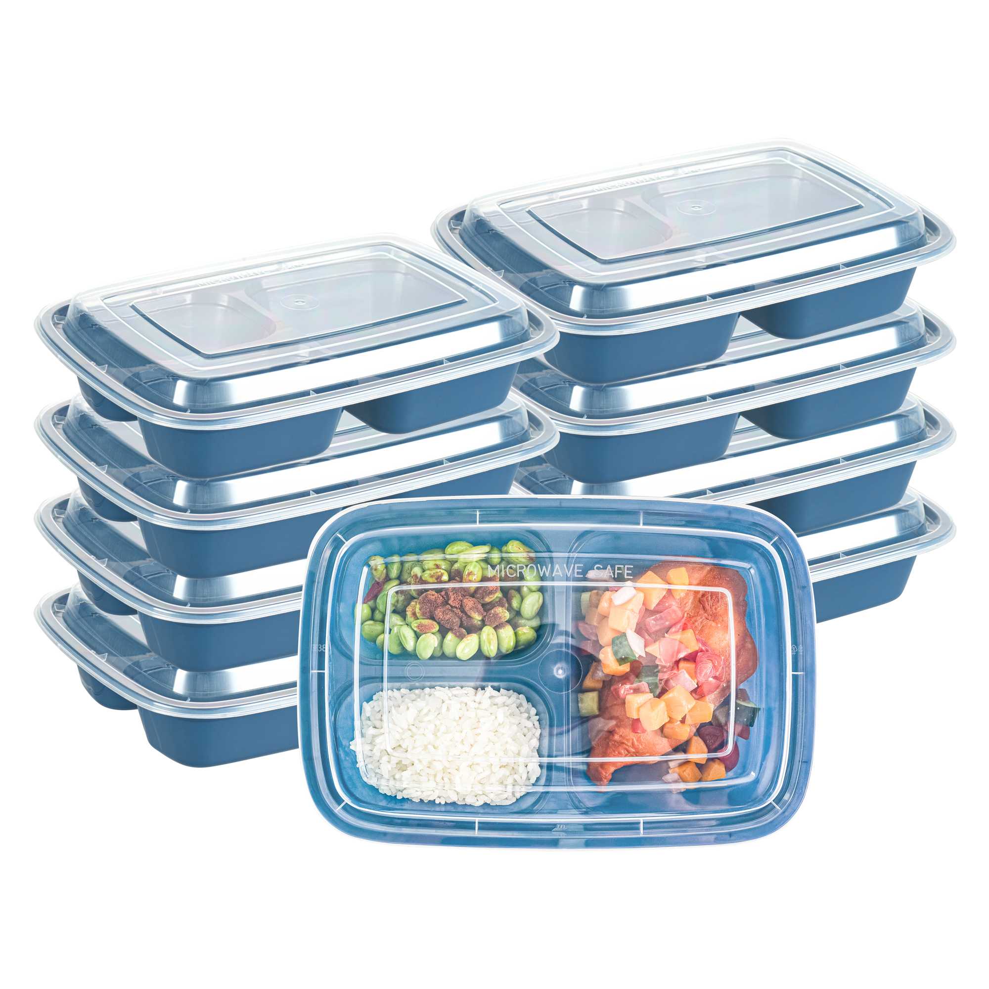 Asporto 26 oz Midnight Blue Plastic 3 Compartment Food Container - with Clear Lid, Microwavable - 8 3/4" x 6" x 1 3/4" - 50 count box