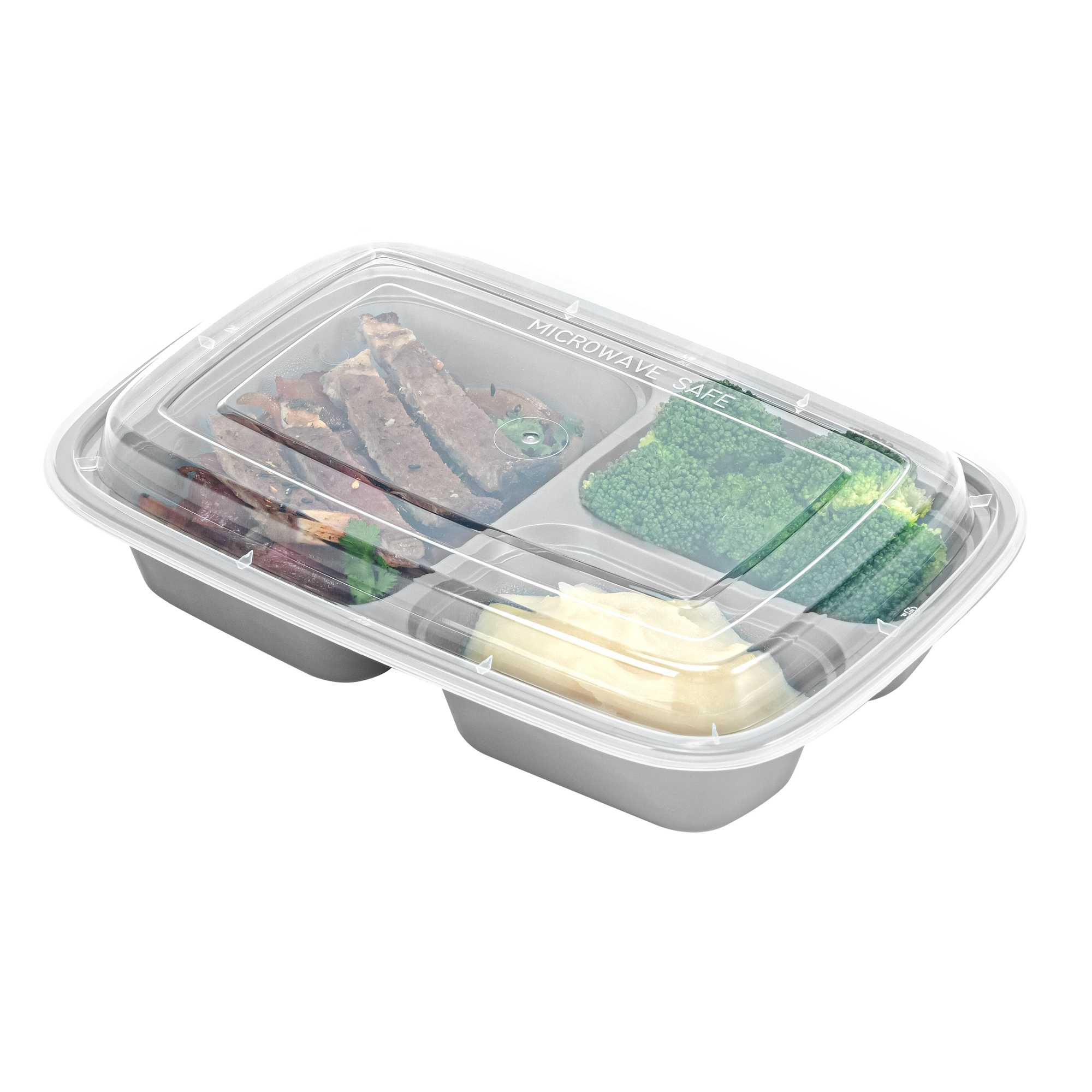 Asporto 26 oz Silver Plastic 3 Compartment Food Container - with Clear Lid, Microwavable - 8 3/4" x 6" x 1 3/4" - 50 count box