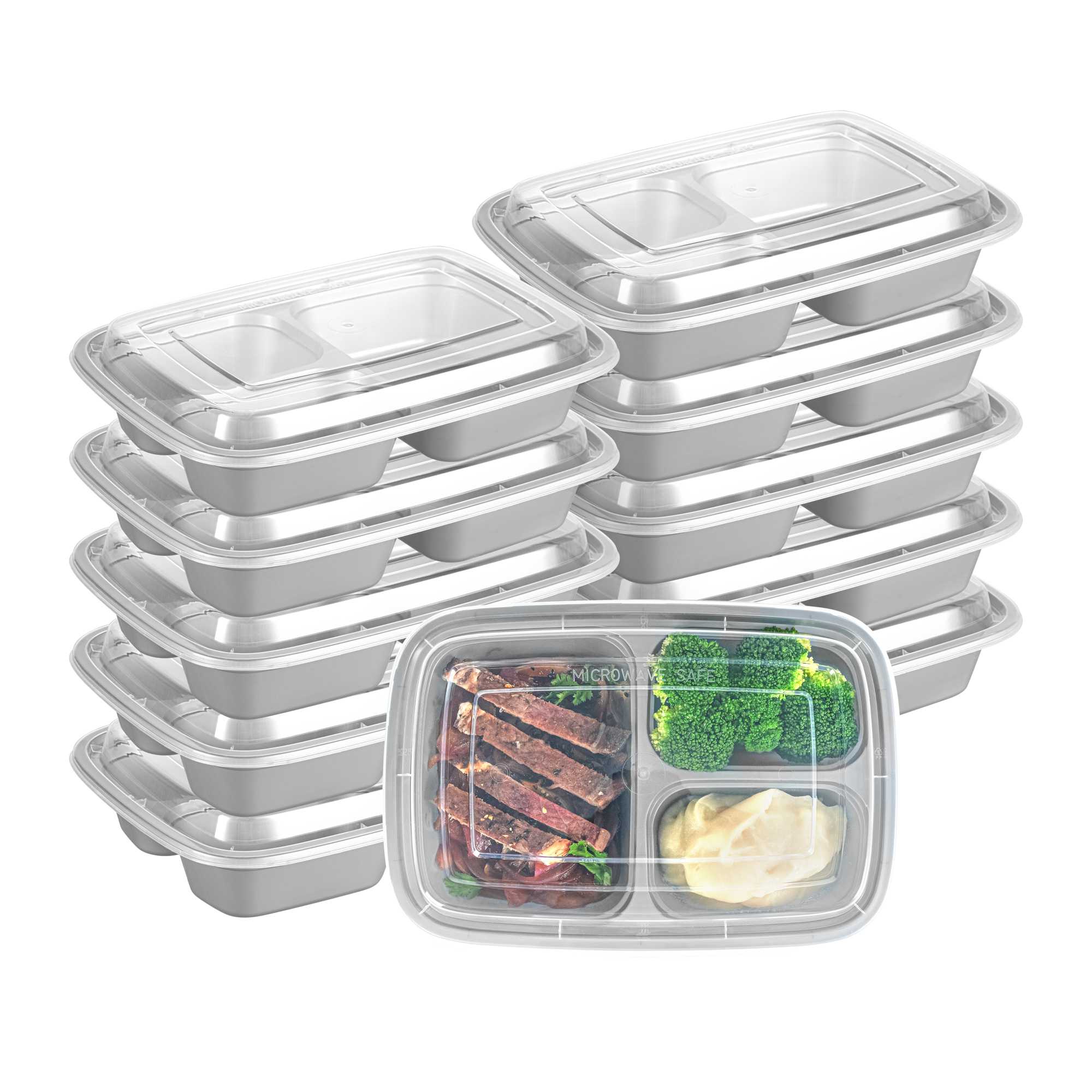 Asporto 26 oz Silver Plastic 3 Compartment Food Container - with Clear Lid, Microwavable - 8 3/4" x 6" x 1 3/4" - 50 count box