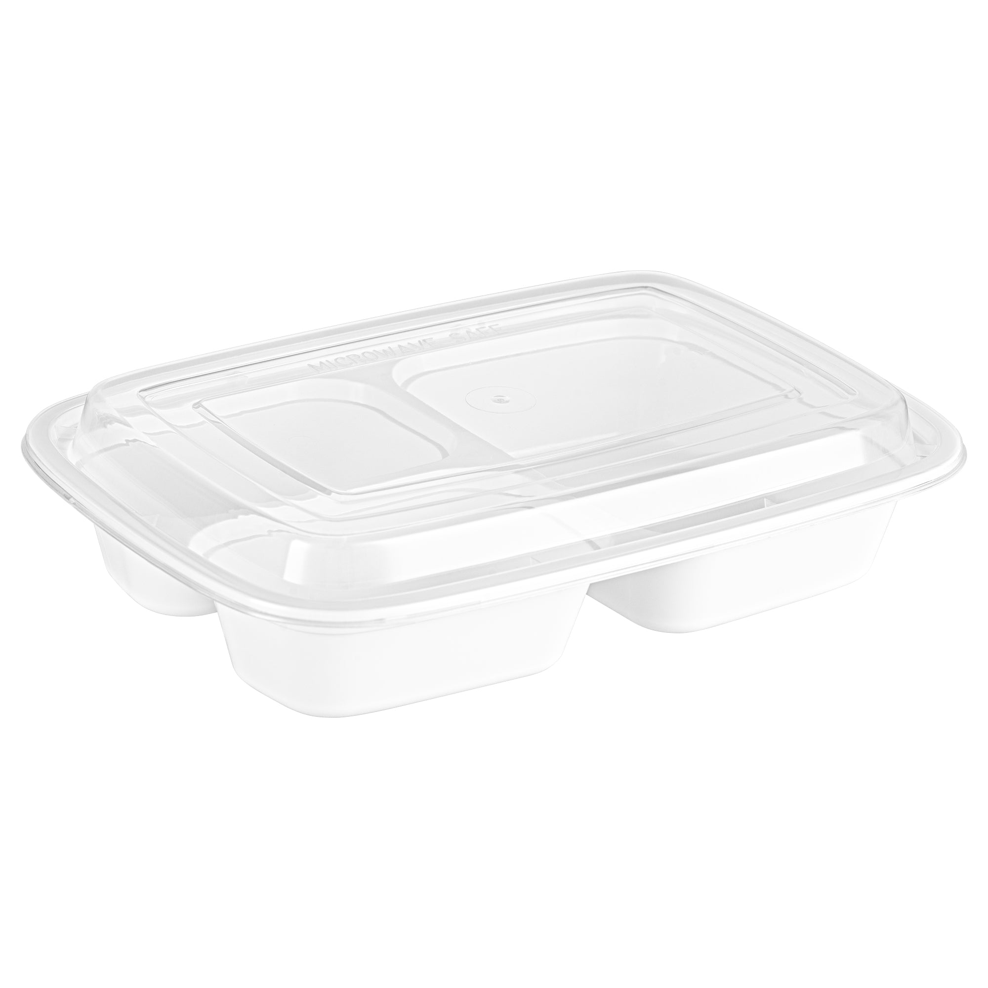 Asporto 26 oz White Plastic 3 Compartment Food Container - with Clear Lid, Microwavable - 8 3/4" x 6" x 1 3/4" - 50 count box