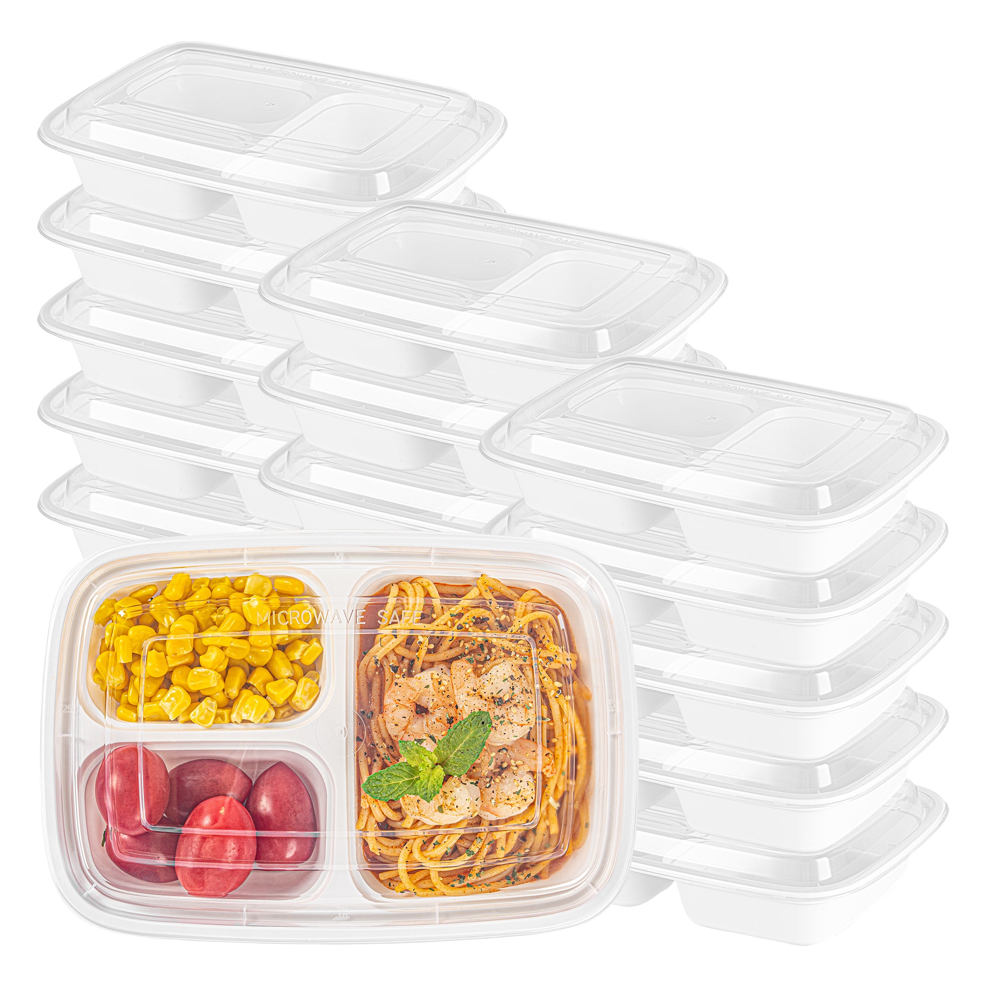 Asporto 26 oz White Plastic 3 Compartment Food Container - with Clear Lid, Microwavable - 8 3/4" x 6" x 1 3/4" - 50 count box