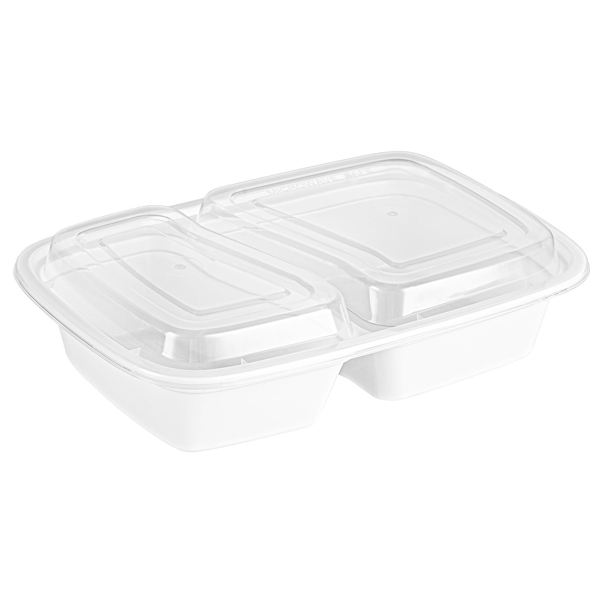 Asporto 32 oz White Plastic 2 Compartment Food Container - with Clear Lid, Microwavable - 8 3/4" x 6" x 2" - 50 count box