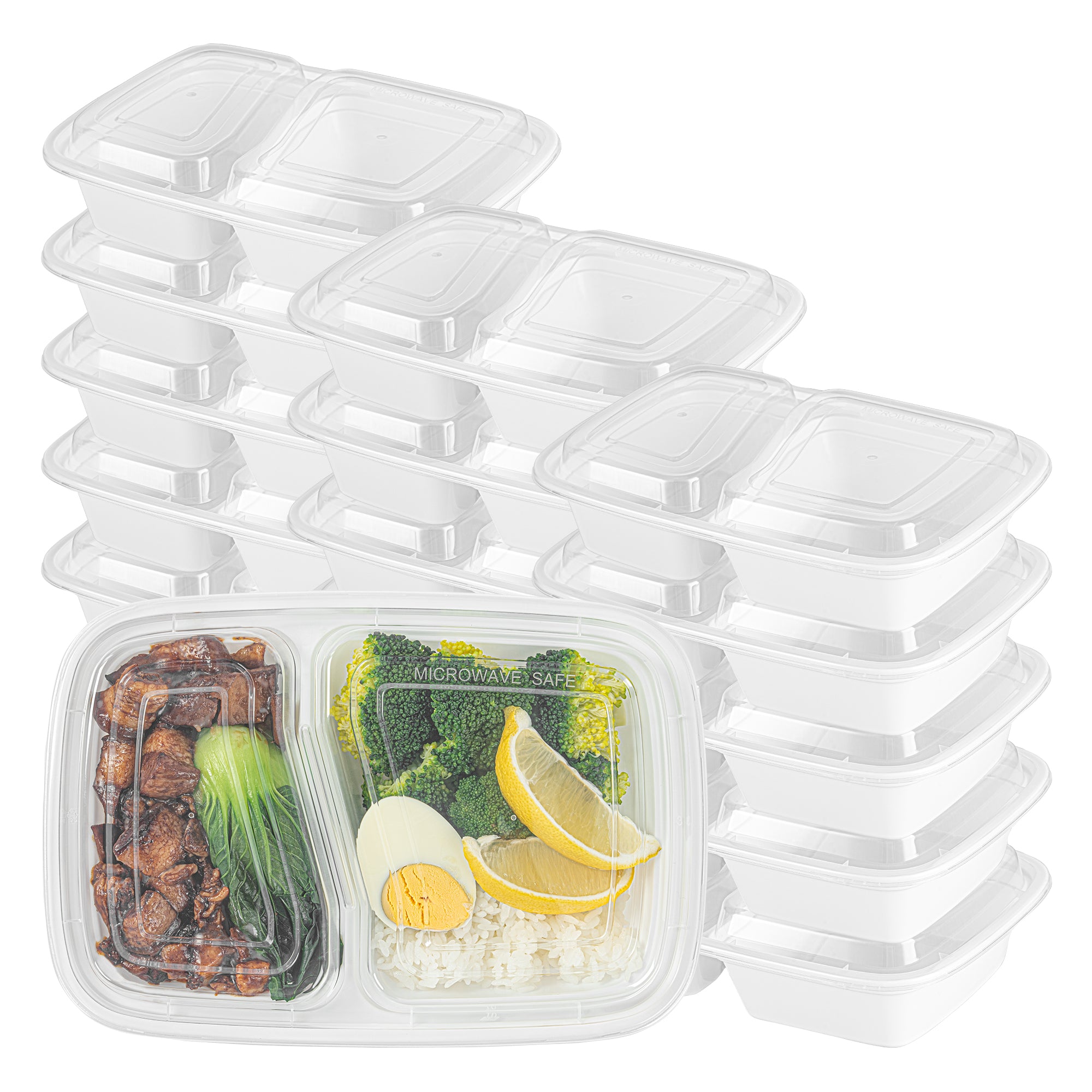 Asporto 32 oz White Plastic 2 Compartment Food Container - with Clear Lid, Microwavable - 8 3/4" x 6" x 2" - 50 count box