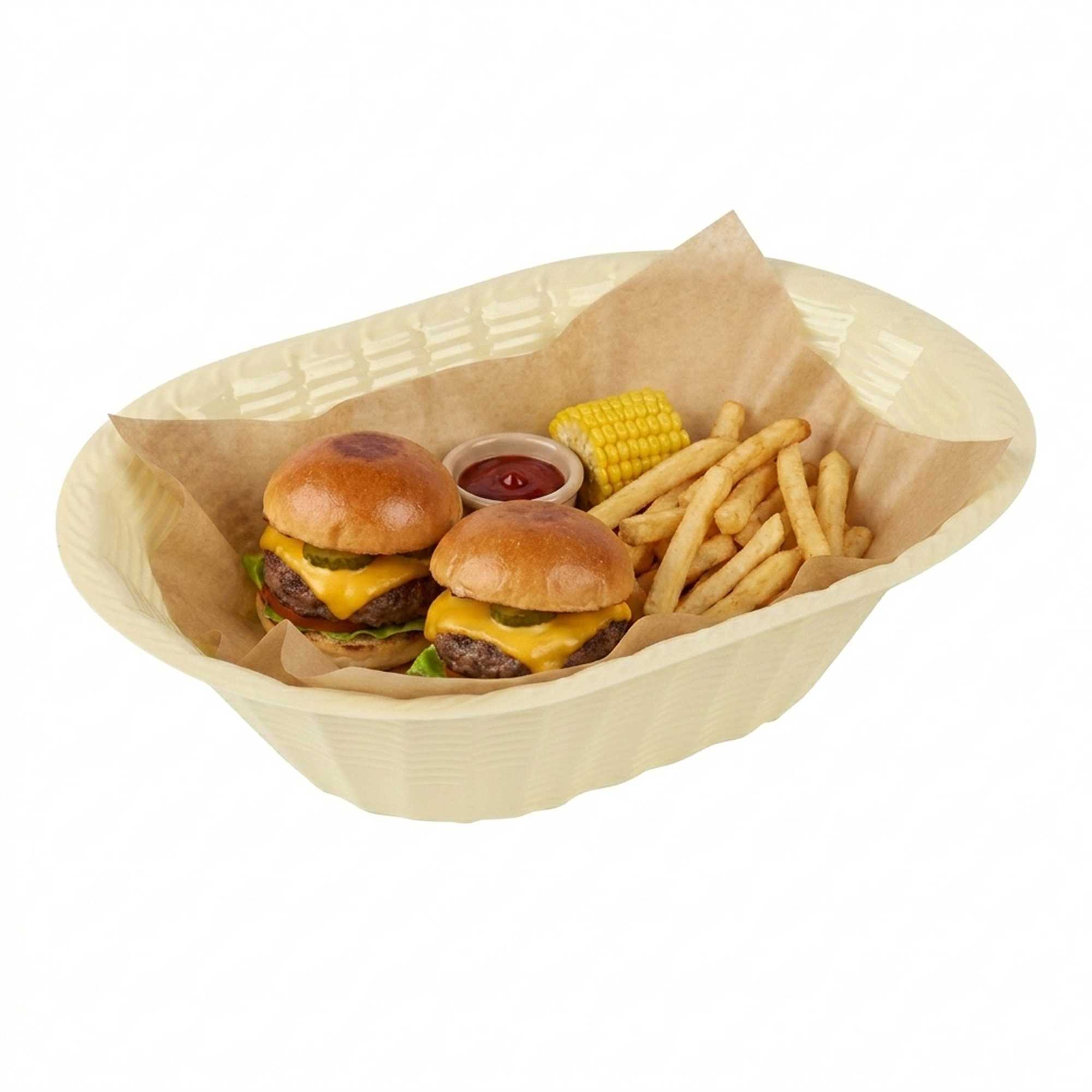 Maxi Serve 25 oz Cream Plastic Oval Food Serving Basket - Disposable - 9 1/4" x 6 1/4" x 2 1/2" - 100 count box