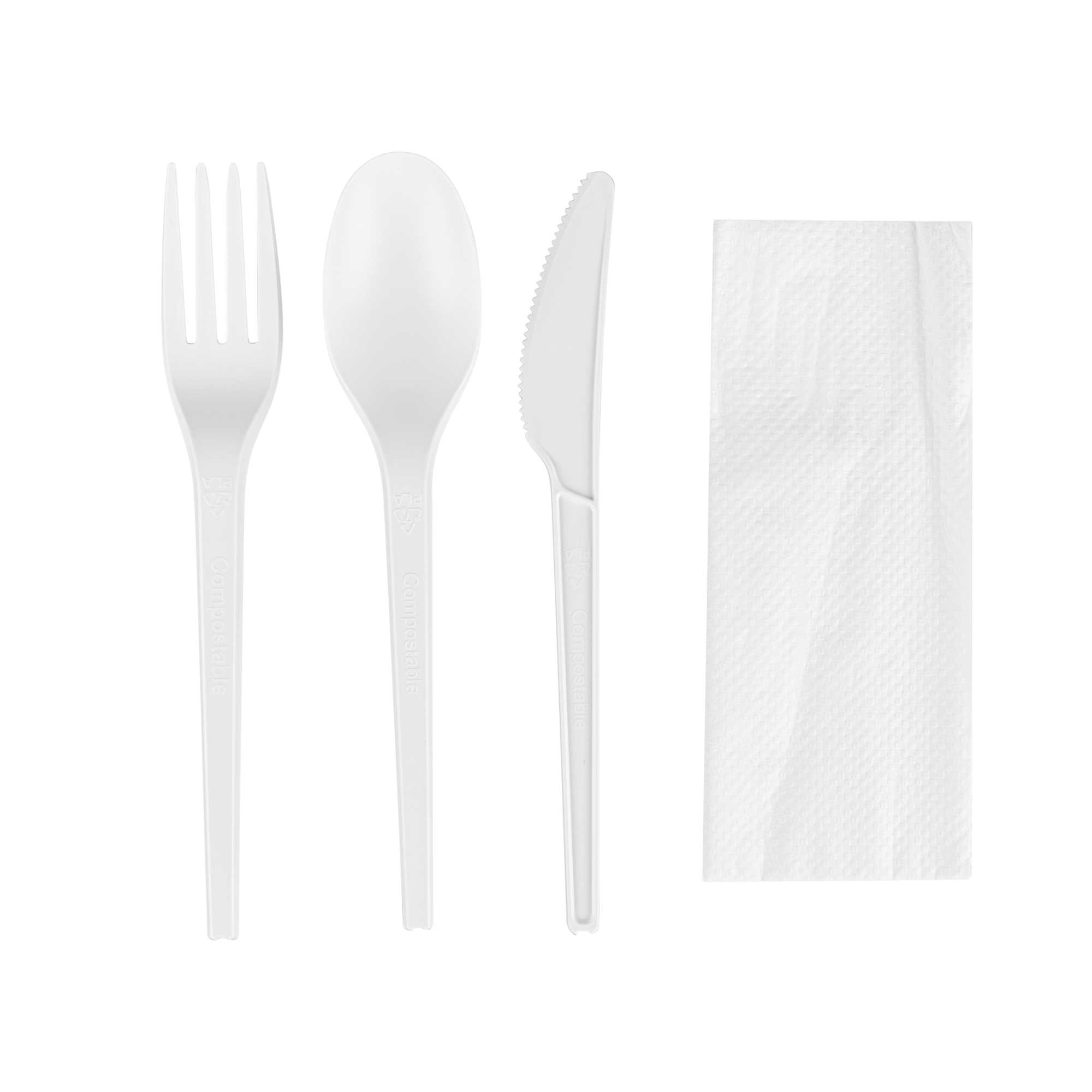 Basic Nature White CPLA Plastic Cutlery Set - White Napkin, Heat-Resistant, Compostable - 8 3/4" x 2 3/4" x 3/4" - 100 count box