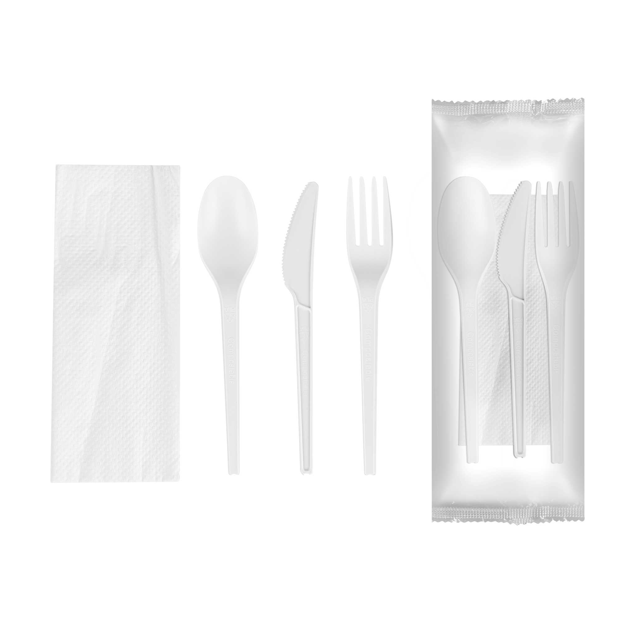 Basic Nature White CPLA Plastic Cutlery Set - White Napkin, Heat-Resistant, Compostable - 8 3/4" x 2 3/4" x 3/4" - 100 count box