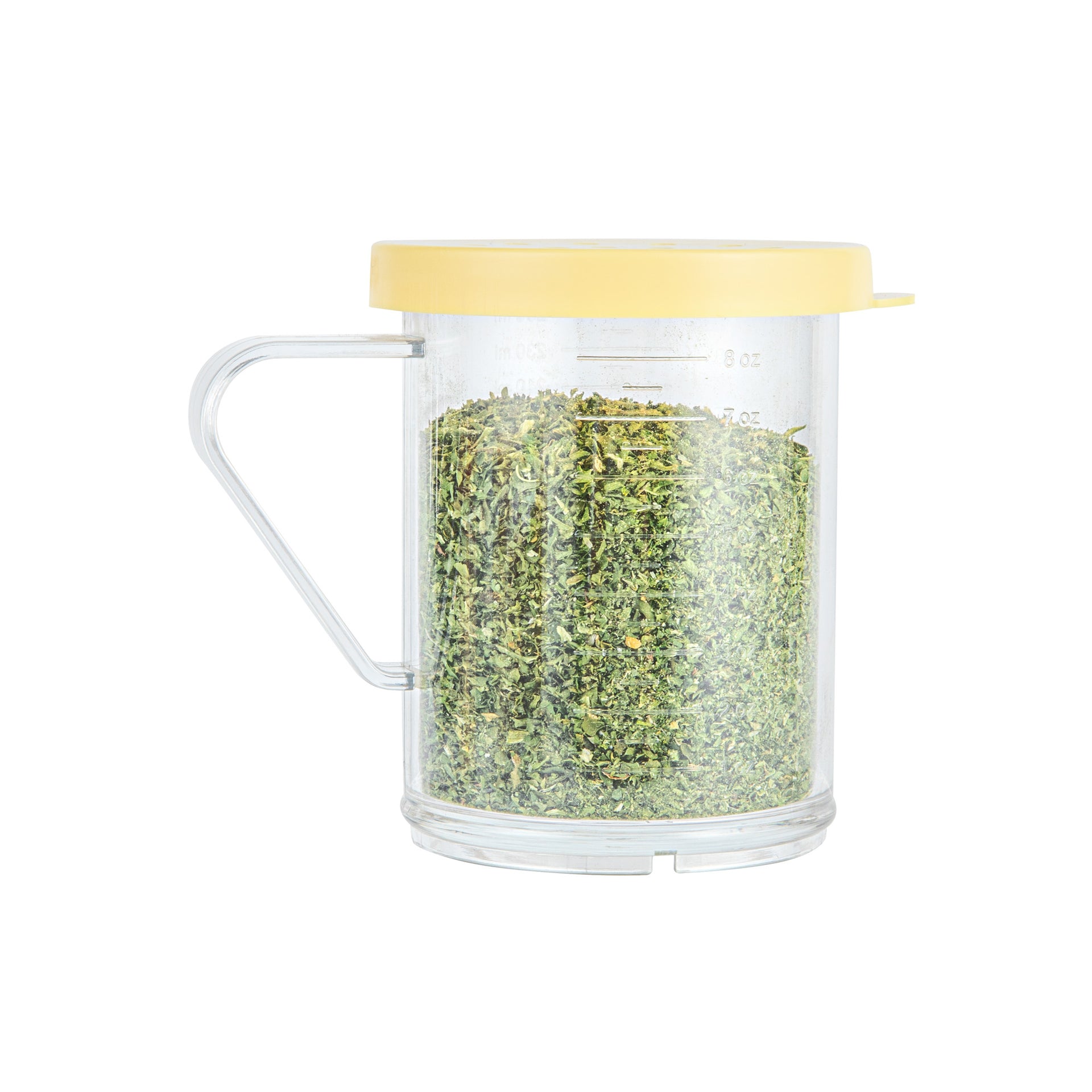 Chef 101 10 oz Clear Polycarbonate Dredge Spice Shaker - with Yellow Coarse Lid - 4 3/4" x 3 1/4" x 4" - 1 count box