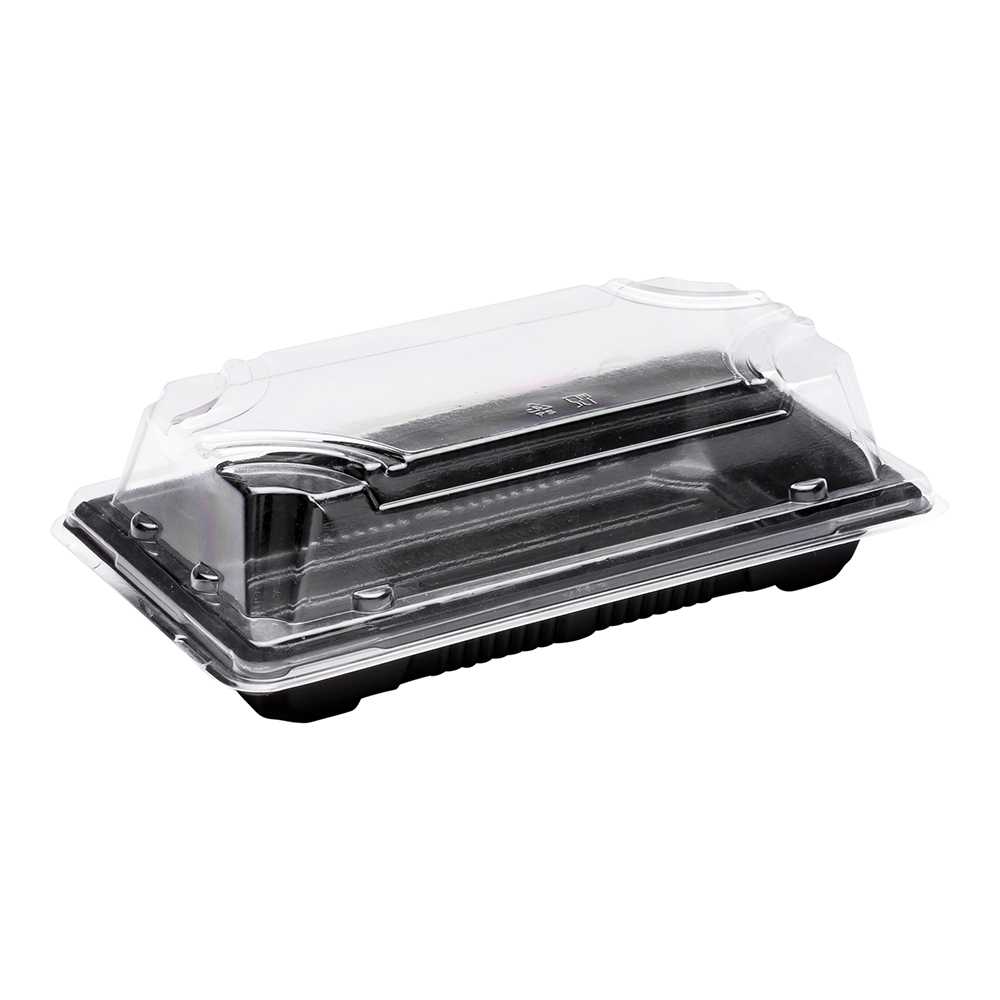 Roku Rectangle Black Plastic Small Take Out Sushi Tray - with Clear Lid - 5 1/2" x 3" x 2" - 1000 count box