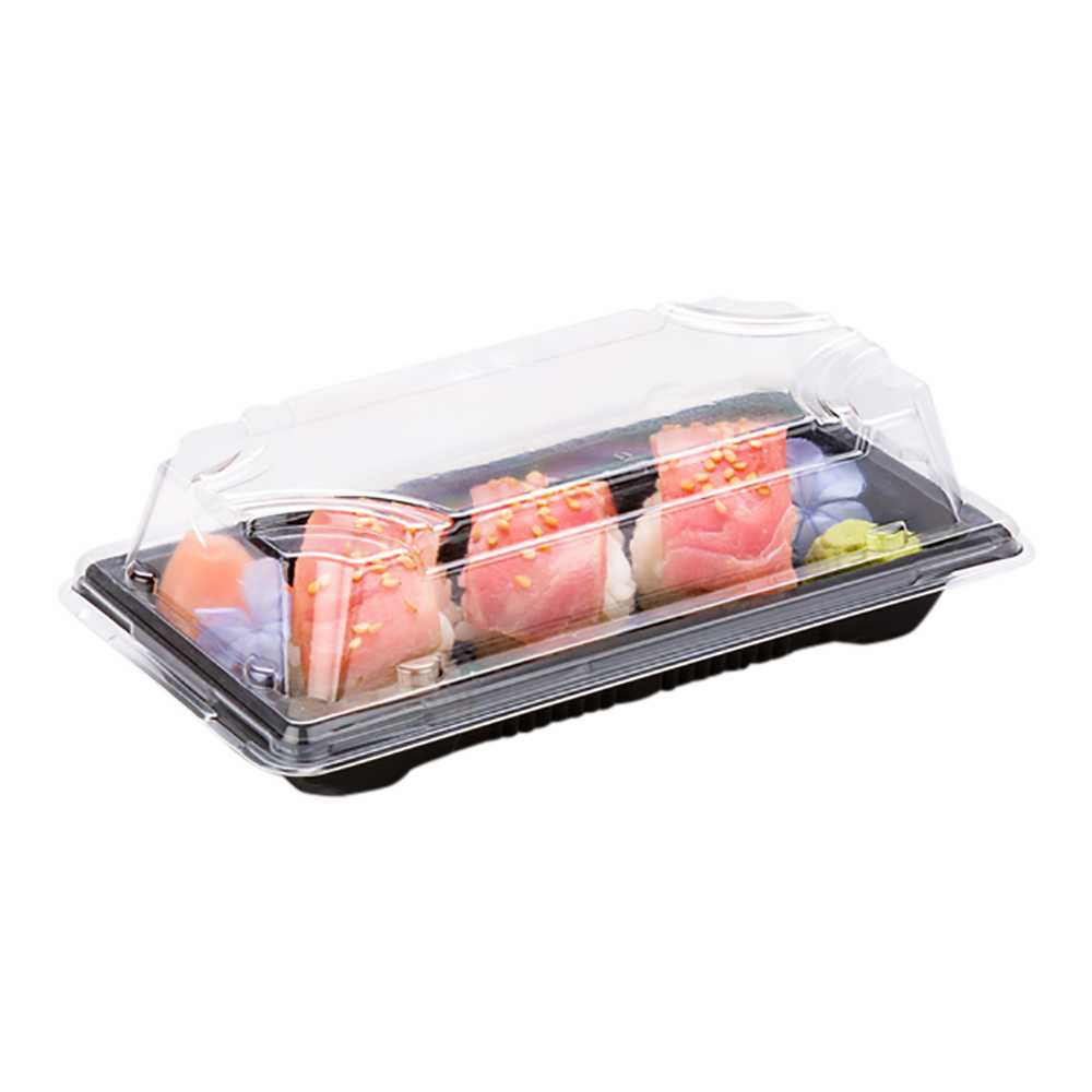 Roku Rectangle Black Plastic Small Take Out Sushi Tray - with Clear Lid - 5 1/2" x 3" x 2" - 1000 count box