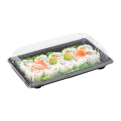 Roku Rectangle Black Plastic Large Take Out Sushi Tray - with Clear Lid - 8 3/4