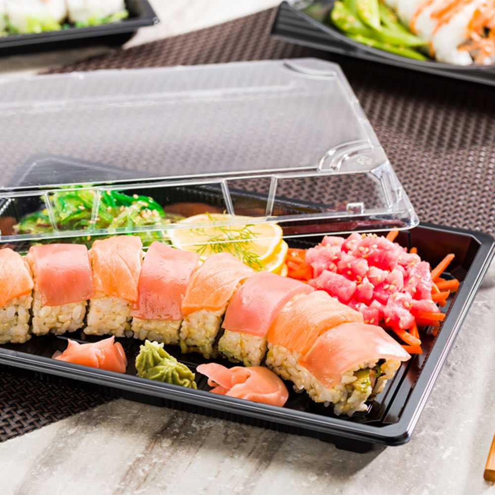 Roku Rectangle Black Plastic Extra Large Take Out Sushi Tray - with Clear Lid - 10 1/4" x 7 1/2" x 2" - 100 count box