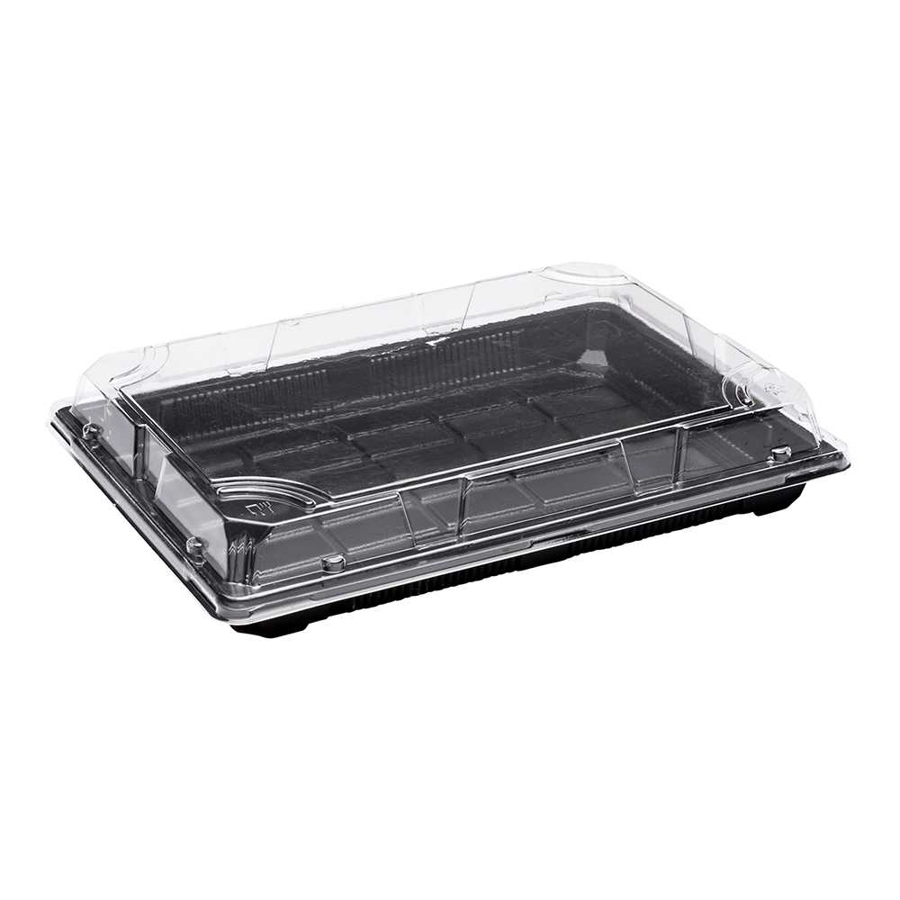 Roku Rectangle Black Plastic Extra Large Take Out Sushi Tray - with Clear Lid - 10 1/4" x 7 1/2" x 2" - 400 count box