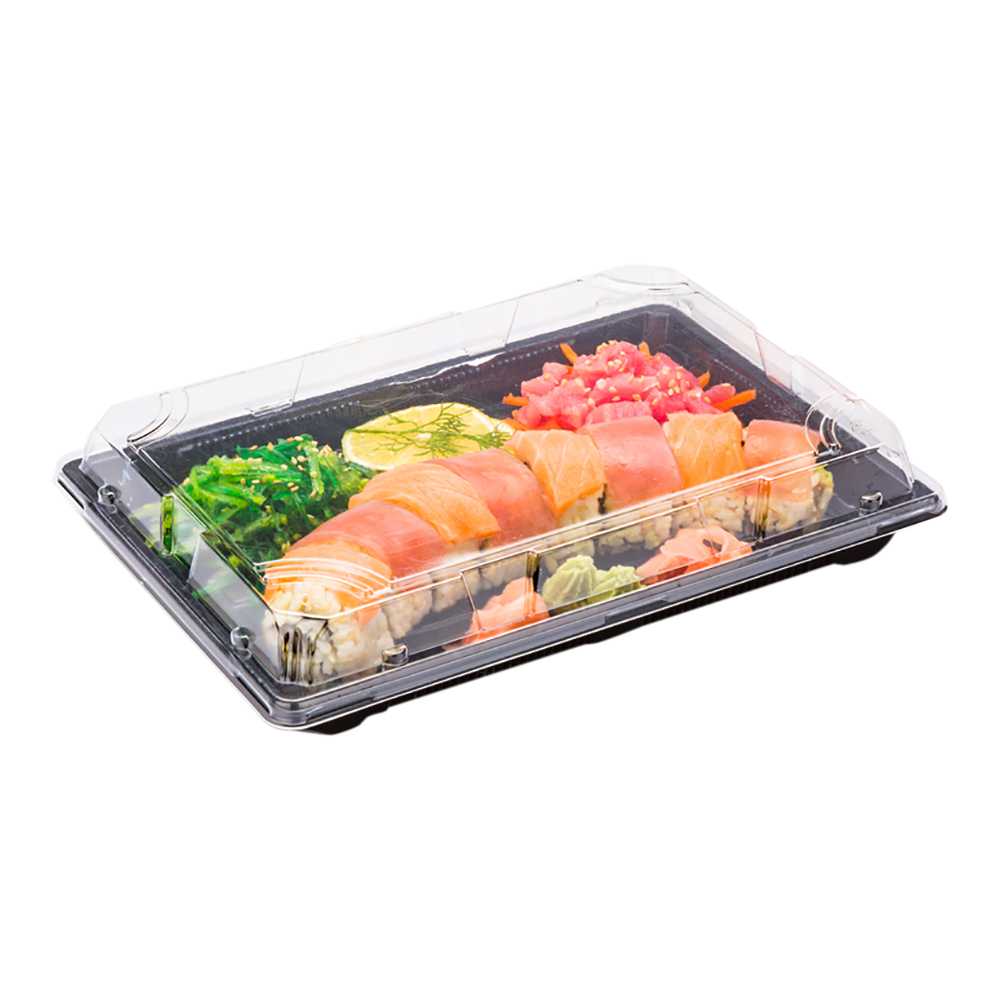 Roku Rectangle Black Plastic Extra Large Take Out Sushi Tray - with Clear Lid - 10 1/4" x 7 1/2" x 2" - 400 count box