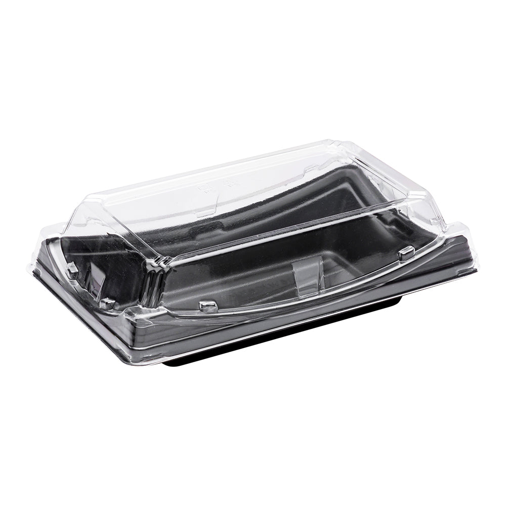 Roku Black Plastic Short Take Out Sushi Container - with Clear Lid - 7 1/2" x 4 3/4" x 2" - 100 count box