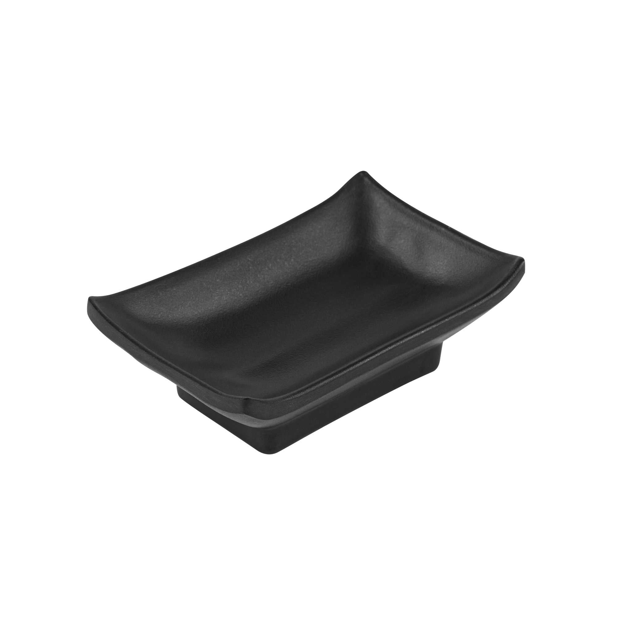 Voga 1 oz Rectangle Black Melamine Sauce Dish - Japonais - 4" x 2 1/2" x 1 1/4" - 10 count box