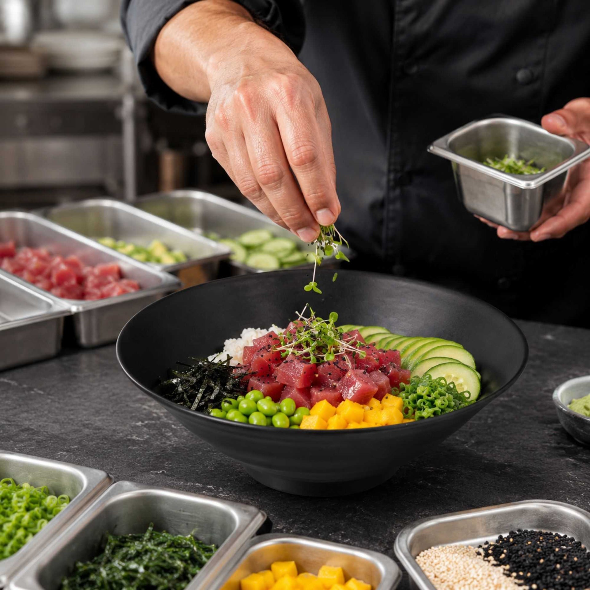 Voga 37 oz Round Black Melamine Serving Bowl - Japonais, Faux Slate - 9 3/4" x 9 3/4" x 3 1/4" - 2 count box