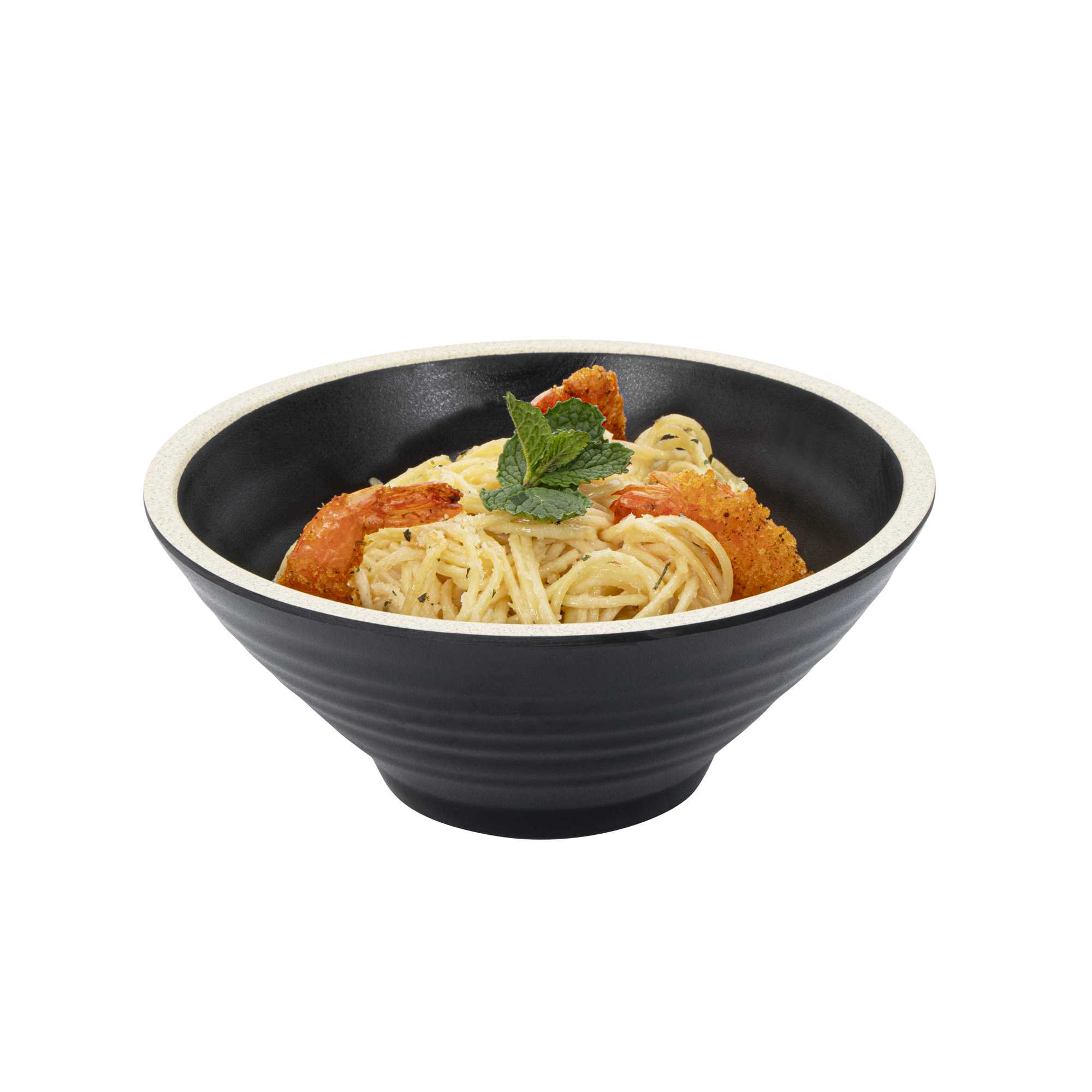 Voga 53 oz Black Melamine Rippled Bowl - Japonais, Faux Granite Rim - 7 1/4" x 7 1/4" x 3" - 2 count box