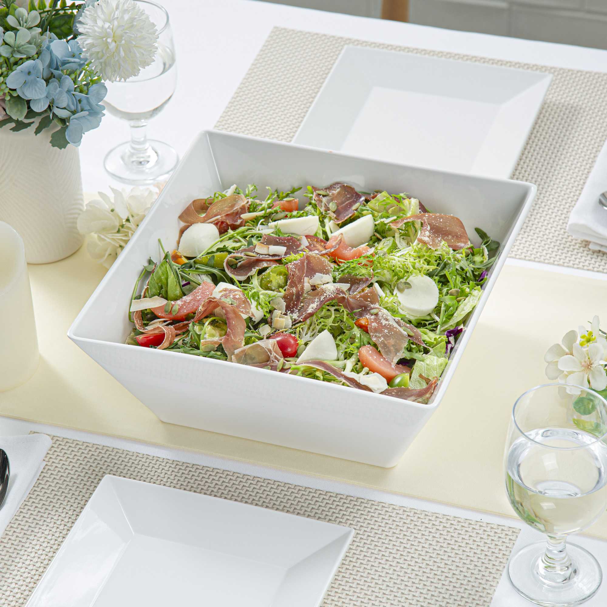 Voga 180 oz Square White Melamine Serving Bowl - Classic - 11 3/4" x 11 3/4" x 4 1/2" - 2 count box