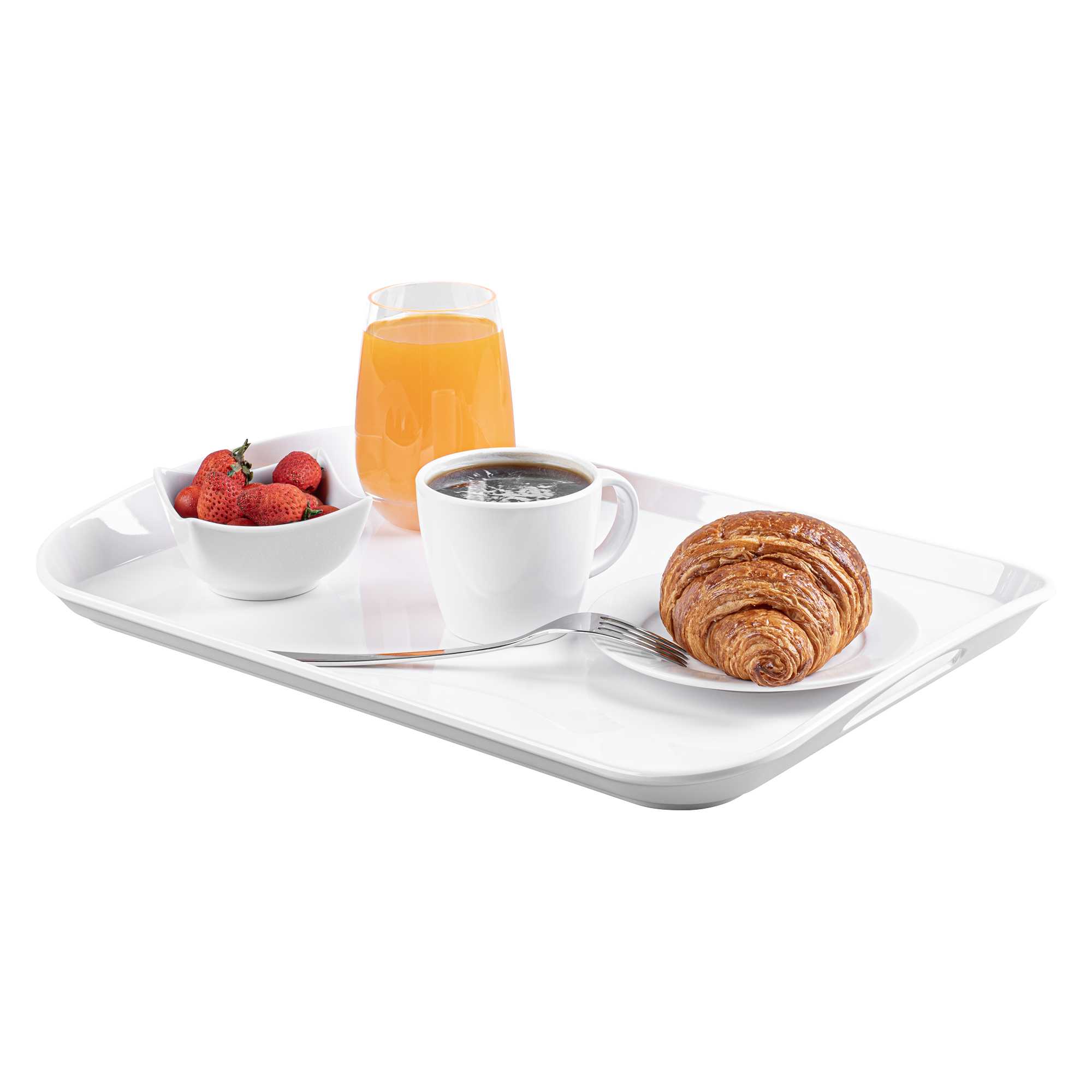 Voga Rectangle White Melamine Serving Tray - with Handles - 18" x 12 1/2" x 1 3/4" - 20 count box
