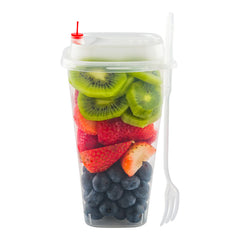 Asporto 24 oz Clear Plastic Salad To Go Cup - with Clear Lid and Fork, Red Heart Plug - 3 3/4