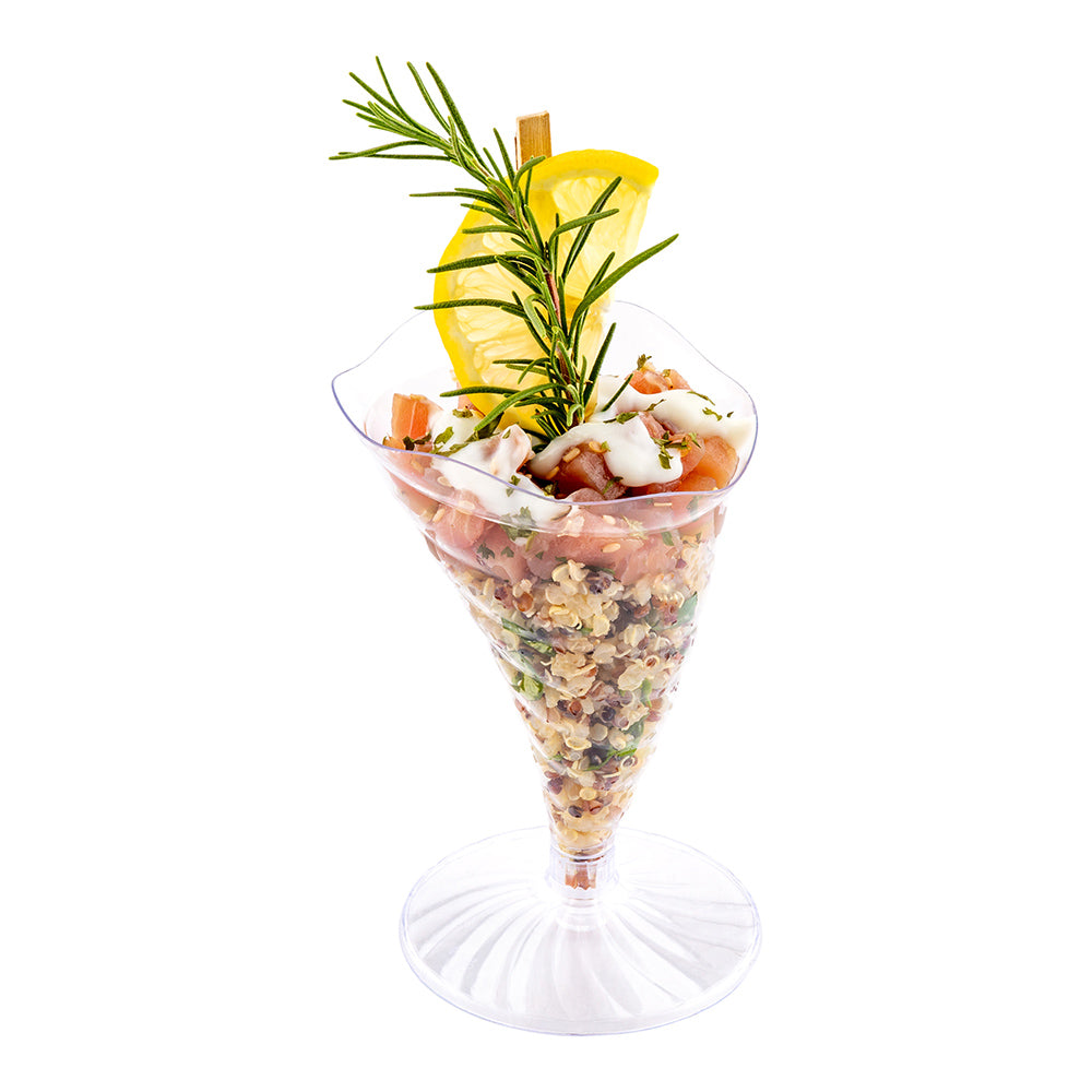 3 oz Clear Plastic Nautilus Appetizer Cone - with Base - 3" x 3" x 4 1/2" - 20 count box