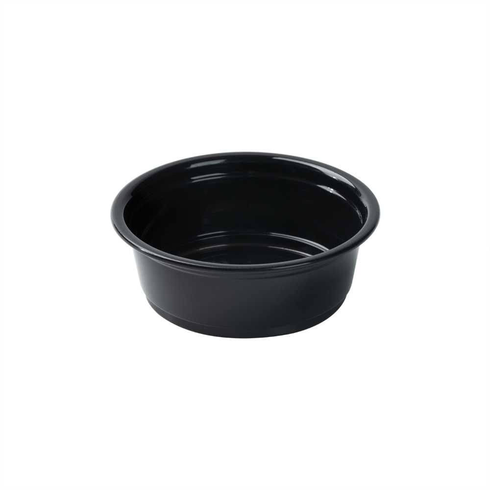 Chef 101 1.5 oz Round Black Plastic Portion Cup - 2 1/2" x 2 1/2" x 3/4" - 100 count box