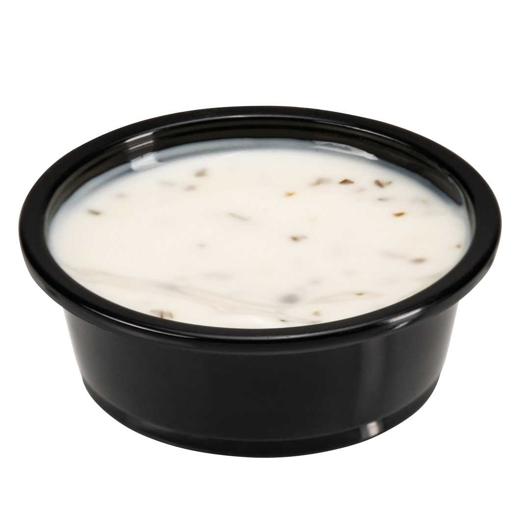 Chef 101 1.5 oz Round Black Plastic Portion Cup - 2 1/2" x 2 1/2" x 3/4" - 100 count box
