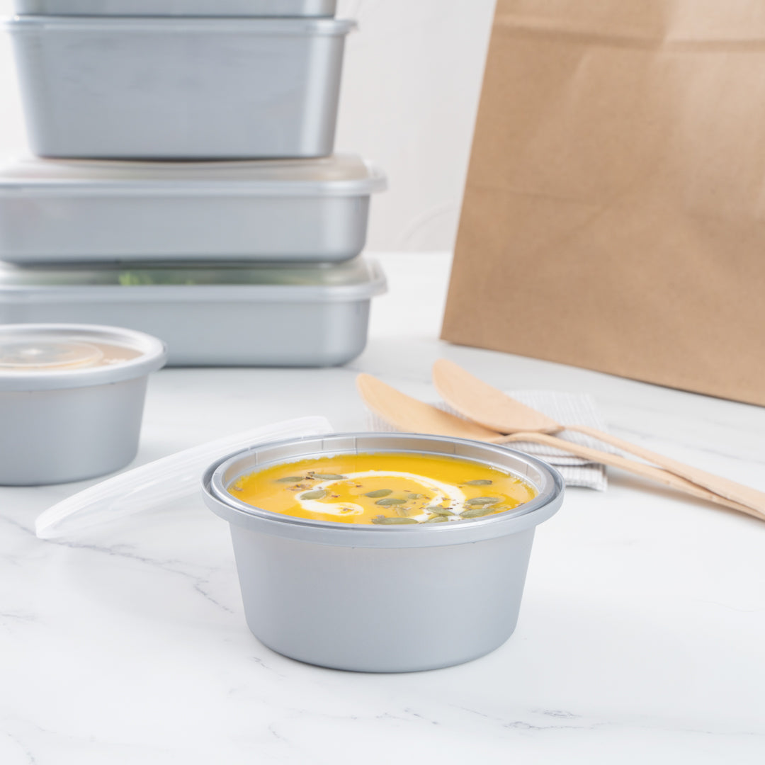 Futura 8 oz Silver Plastic Tamper-Evident Bowl - with Clear Lid, Microwavable - 4 1/4" x 3 1/4" x 1 3/4" - 100 count box