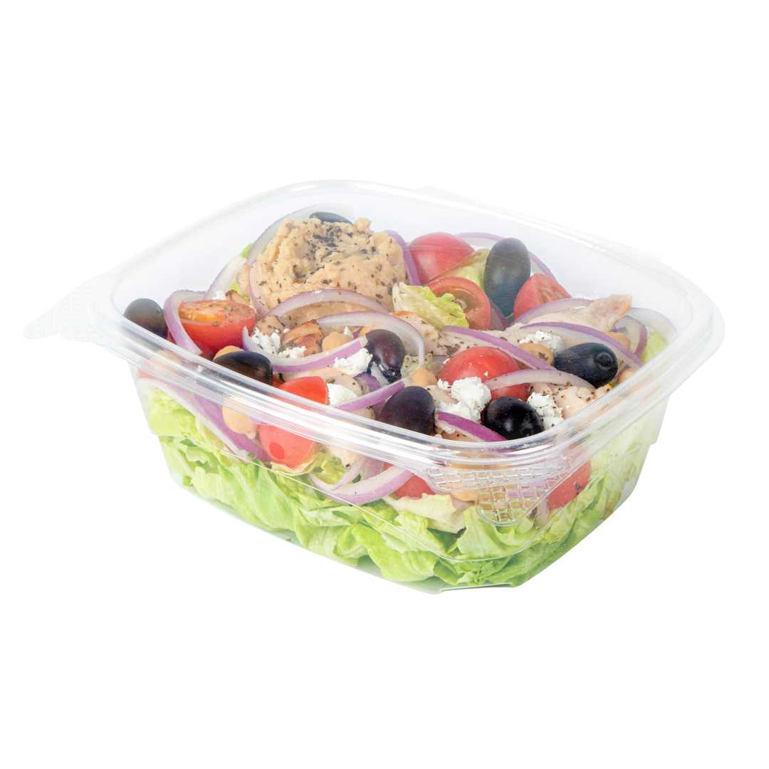 Thermo Tek 32 oz Rectangle Clear Plastic Deli / Snack Container - with Hinged Lid, Anti-Fog - 7 1/2" x 6 1/4" x 2 3/4" - 50 count box