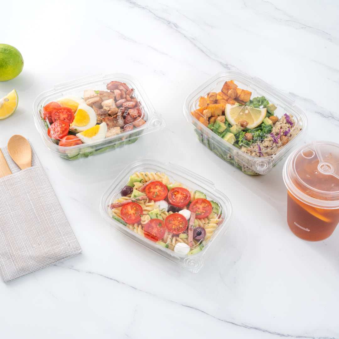 Tamper Tek 8 oz Rectangle Clear Plastic Container - with Hinged Lid, Tamper-Evident - 4 3/4" x 6" x 1 1/4" - 100 count box
