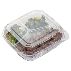 Thermo Tek 34 oz Square Clear Plastic Clamshell Container - 3-Compartment, Anti-Fog - 7 3/4