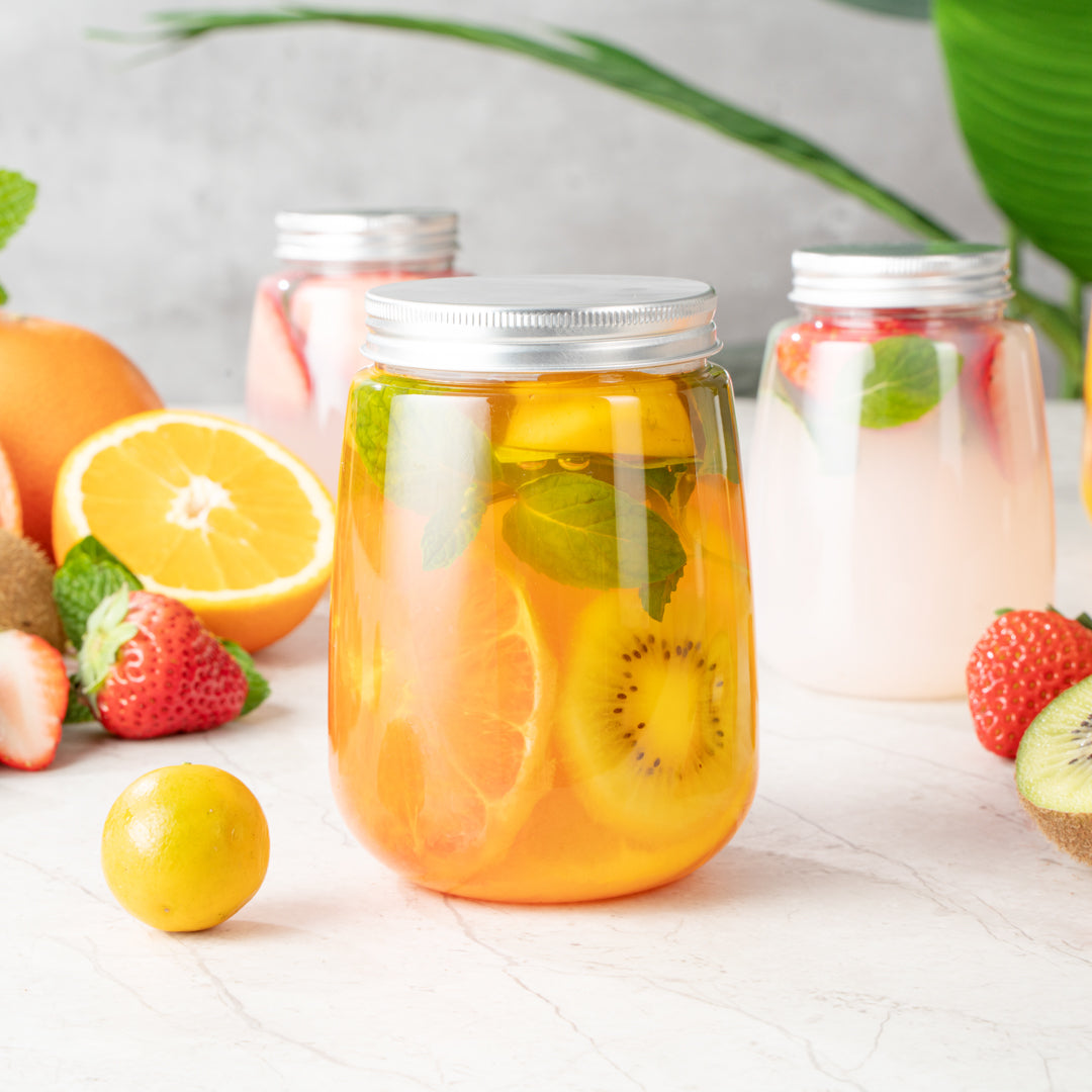 Bottle Tek 17 oz Clear Plastic Candy Jar / Juice Bottle - with Aluminum Lid - 3 1/4" x 3 1/4" x 4 1/2" - 100 count box