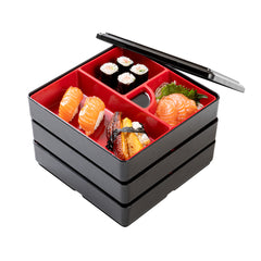 Bento Tek Square Black and Red Japanese Style Bento Box - 4 Compartments, 3 Layers - 8 1/4