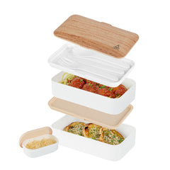 Bento Tek 41 oz Wood Grain and White Buddha Box All-in-One Lunch Box - with Utensils, Sauce Cup - 7 1/4
