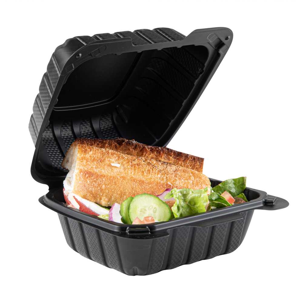 Thermo Tek 18 oz Black Mineral-Filled Plastic Clamshell Container - 6" x 6" x 3" - 10 count box