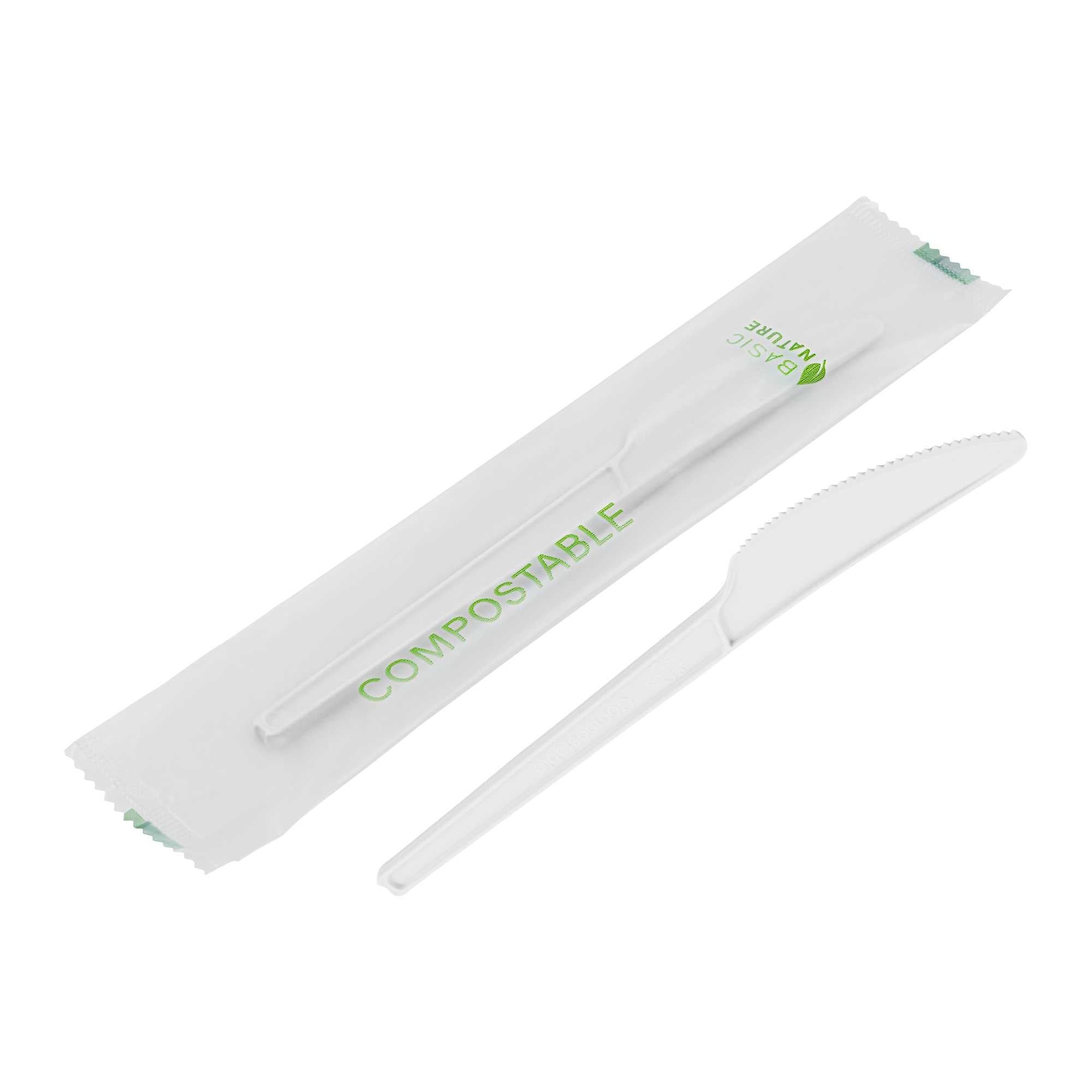 Basic Nature White CPLA Plastic Knife - Compostable Wrapper, Heat-Resistant - 6 1/2" - 50 count box