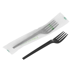 Basic Nature Black CPLA Plastic Fork - Compostable Wrapper, Heat-Resistant - 6 1/2