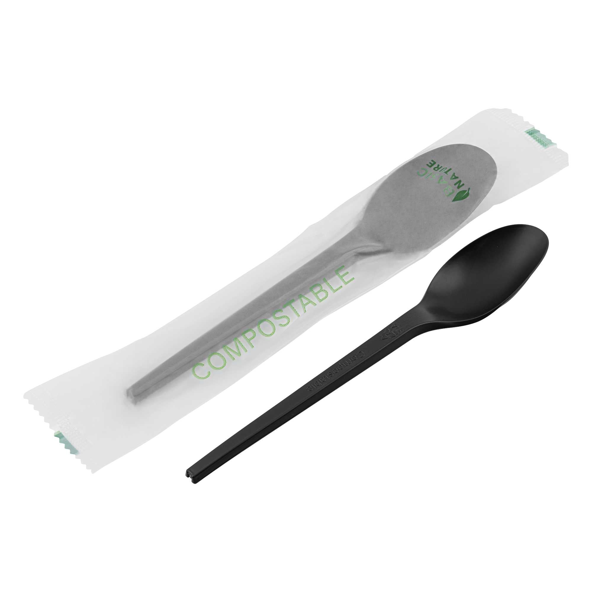 Basic Nature Black CPLA Plastic Spoon - Compostable Wrapper, Heat-Resistant - 6 1/2" - 2000 count box