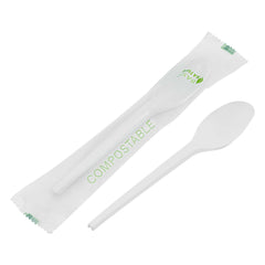 Basic Nature White CPLA Plastic Spoon - Compostable Wrapper, Heat-Resistant - 6 1/2