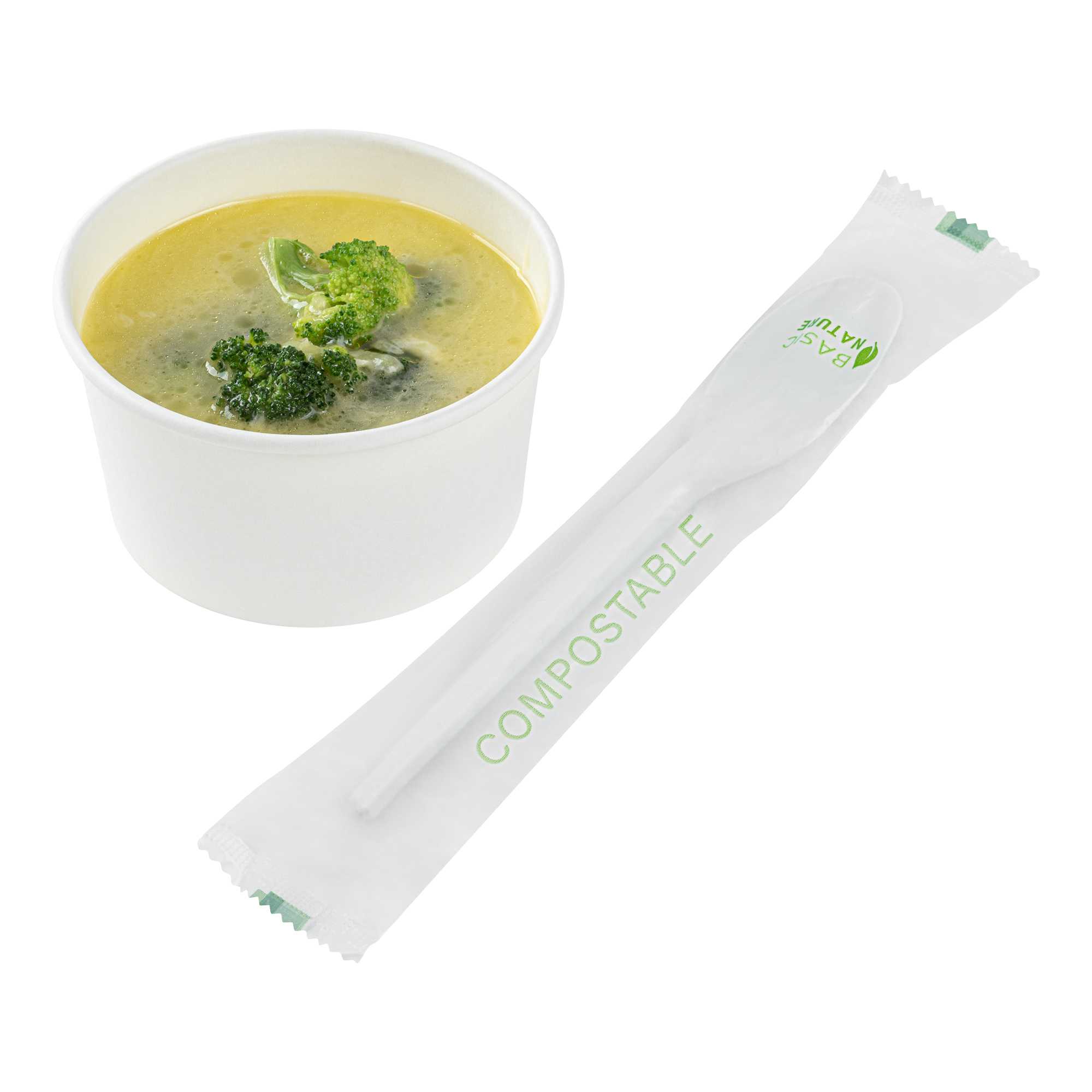 Basic Nature White CPLA Plastic Spoon - Compostable Wrapper, Heat-Resistant - 6 1/2" - 50 count box