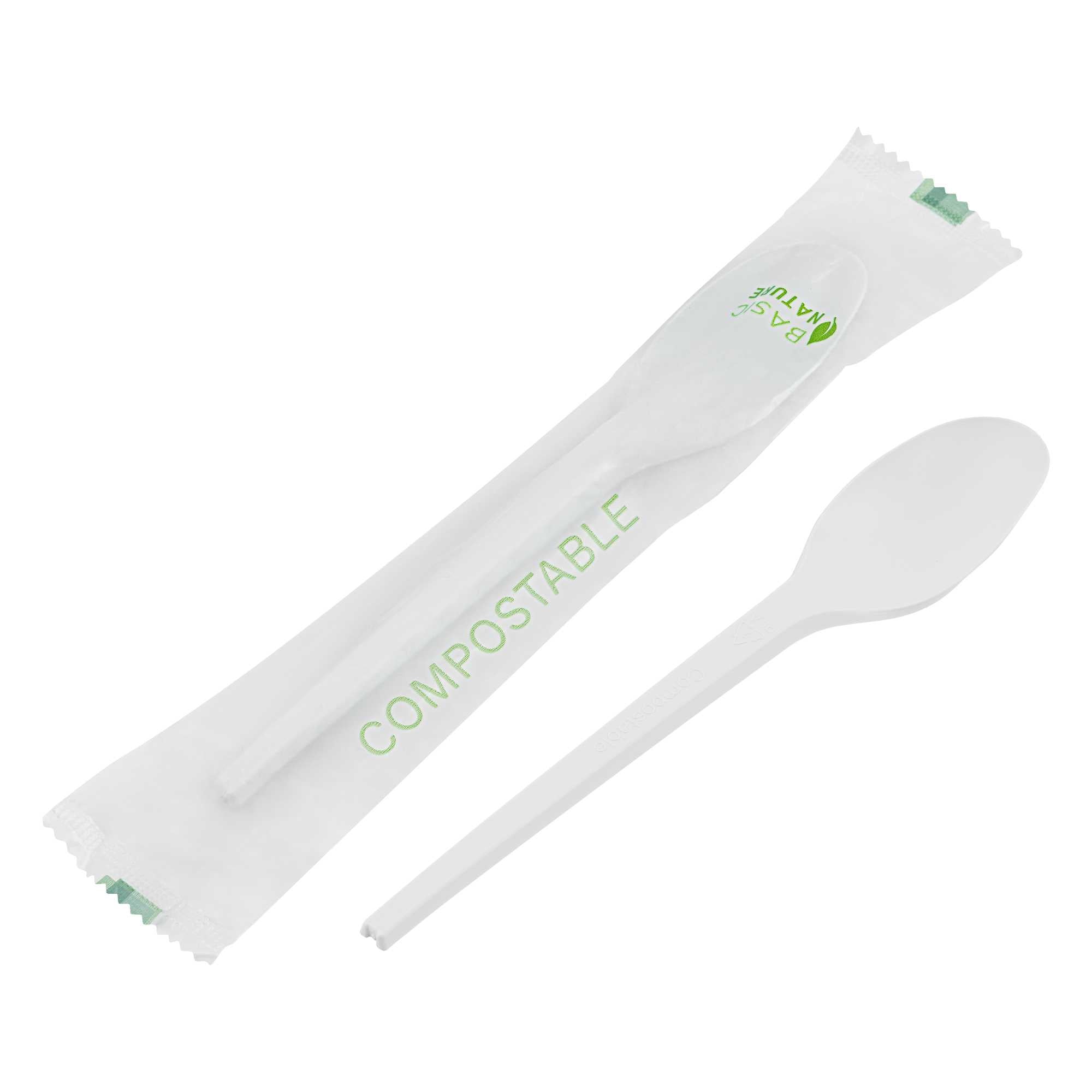 Basic Nature White CPLA Plastic Spoon - Compostable Wrapper, Heat-Resistant - 6 1/2" - 50 count box
