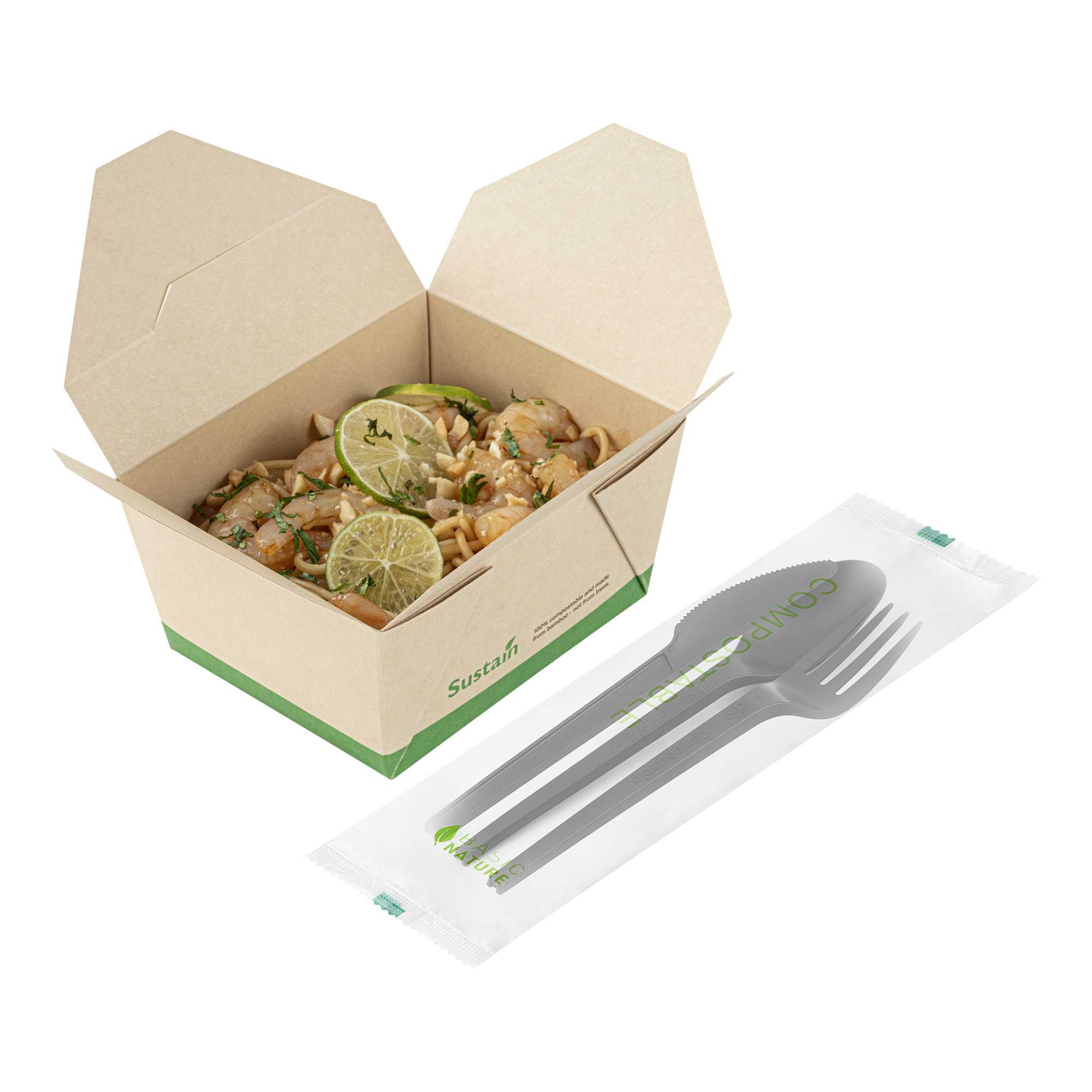 Basic Nature Black CPLA Plastic Cutlery Set - Compostable Wrapper, Heat-Resistant - 6 1/2" - 100 count box