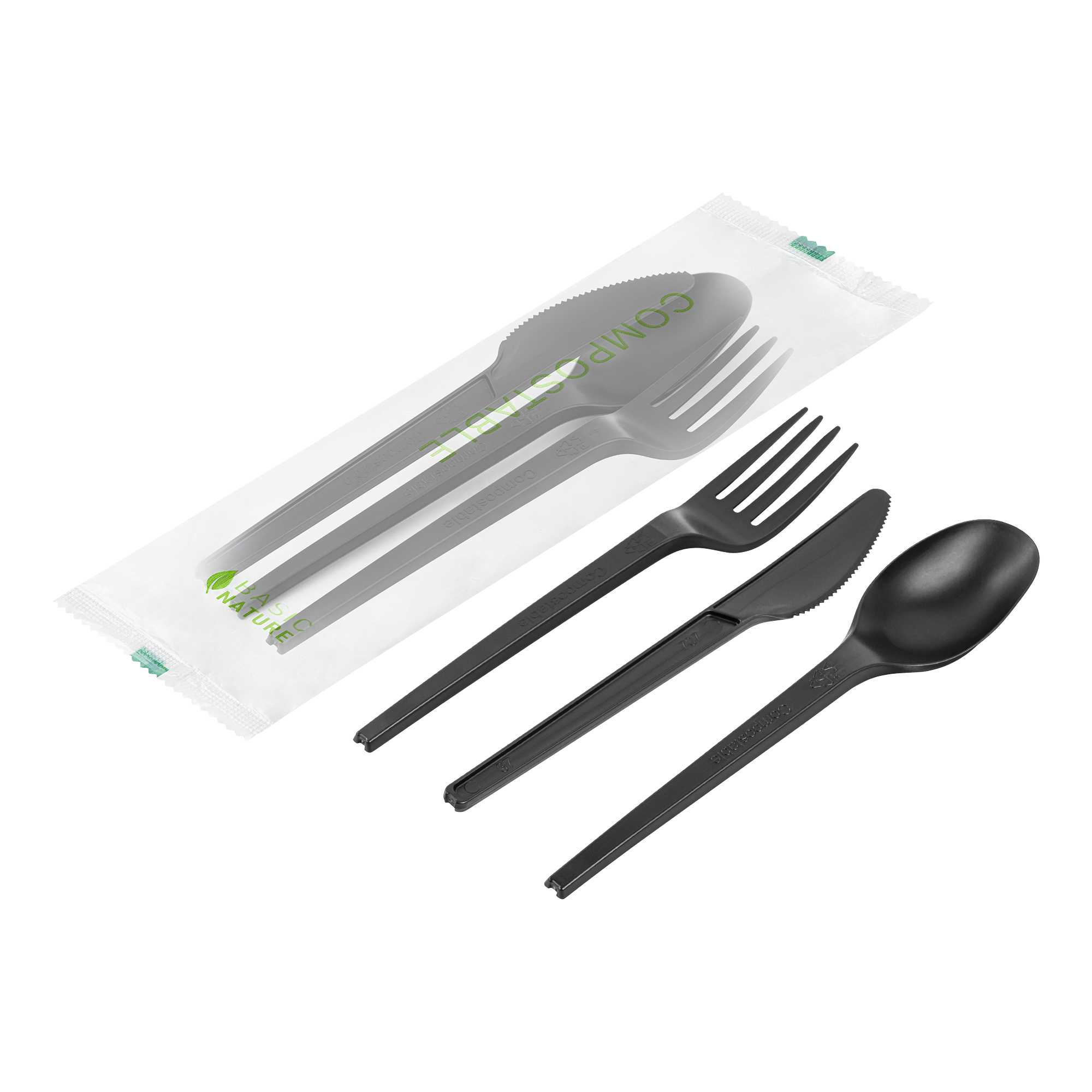 Basic Nature Black CPLA Plastic Cutlery Set - Compostable Wrapper, Heat-Resistant - 6 1/2" - 100 count box